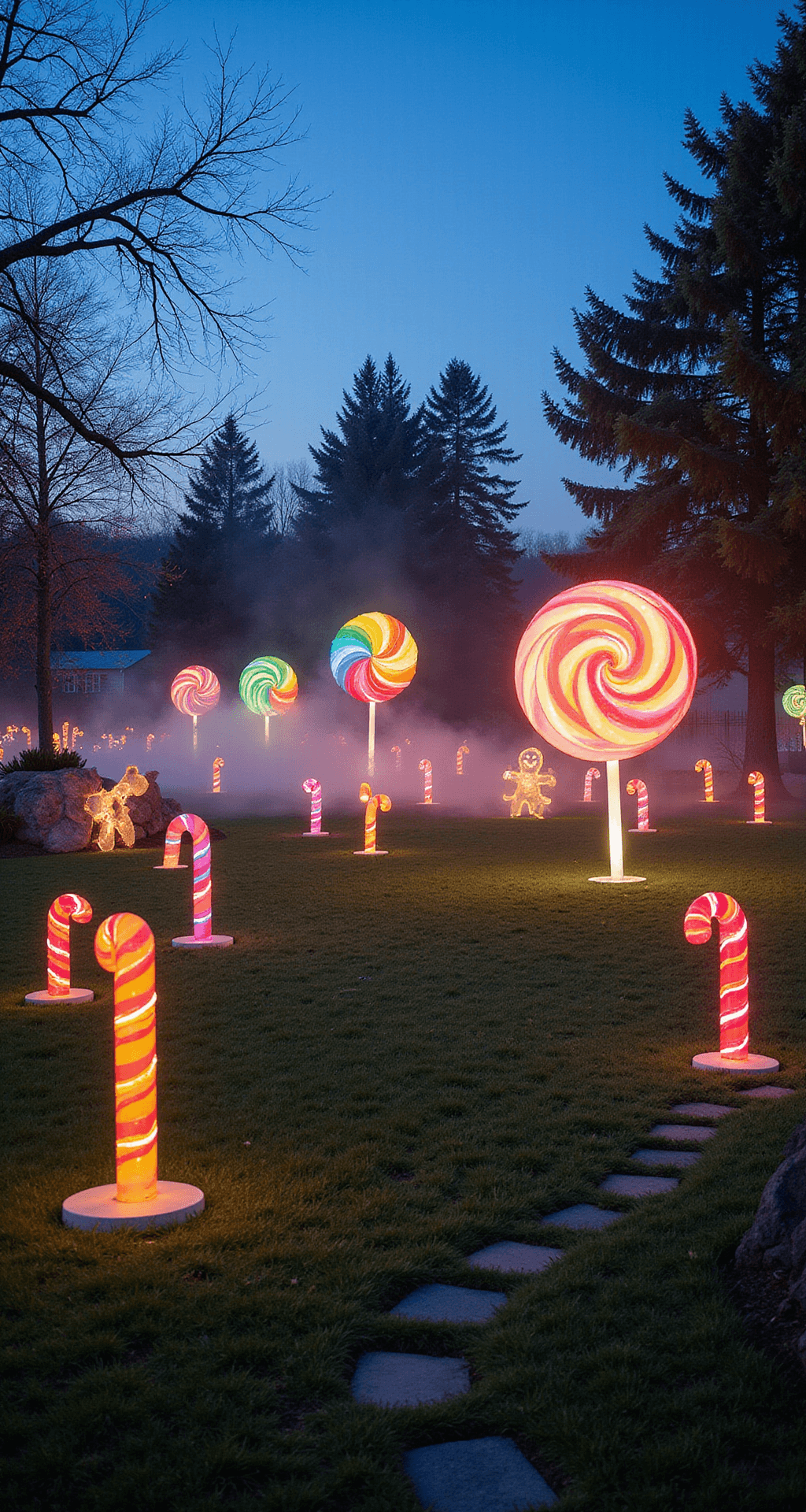 A whimsical garden scene featuring oversized candy-themed decorations, including 10ft lollipop sculptures with bright spiral patterns, giant gingerbread figures, and illuminated candy canes, all set in a dreamy blue hour ambiance with enhanced colored gel lights and fog for an enchanting atmosphere.