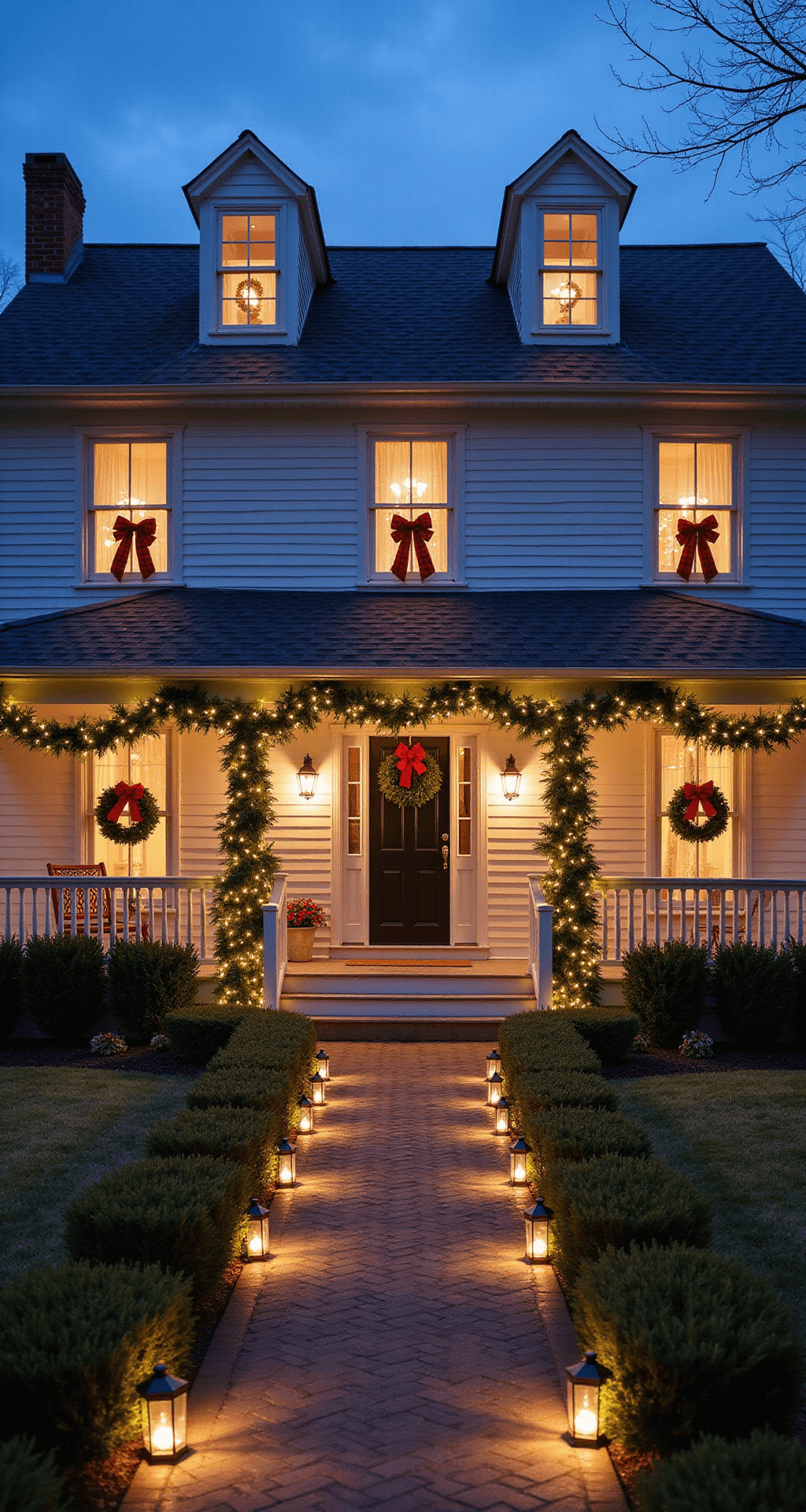 A traditional colonial home decorated for the holidays, featuring a 30ft symmetrical facade adorned with pre-lit wreaths, red plaid bows, and natural garland illuminated with warm white lights, captured at civil twilight with professional architectural lighting highlighting its period details.