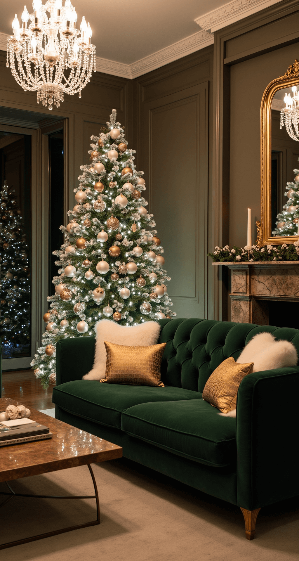 Elegant formal living room at night featuring emerald velvet sofas adorned with gold throw pillows and white faux fur blankets, a lavishly decorated noble fir tree, a marble fireplace, and a dimmed crystal chandelier, all captured from an elevated angle.