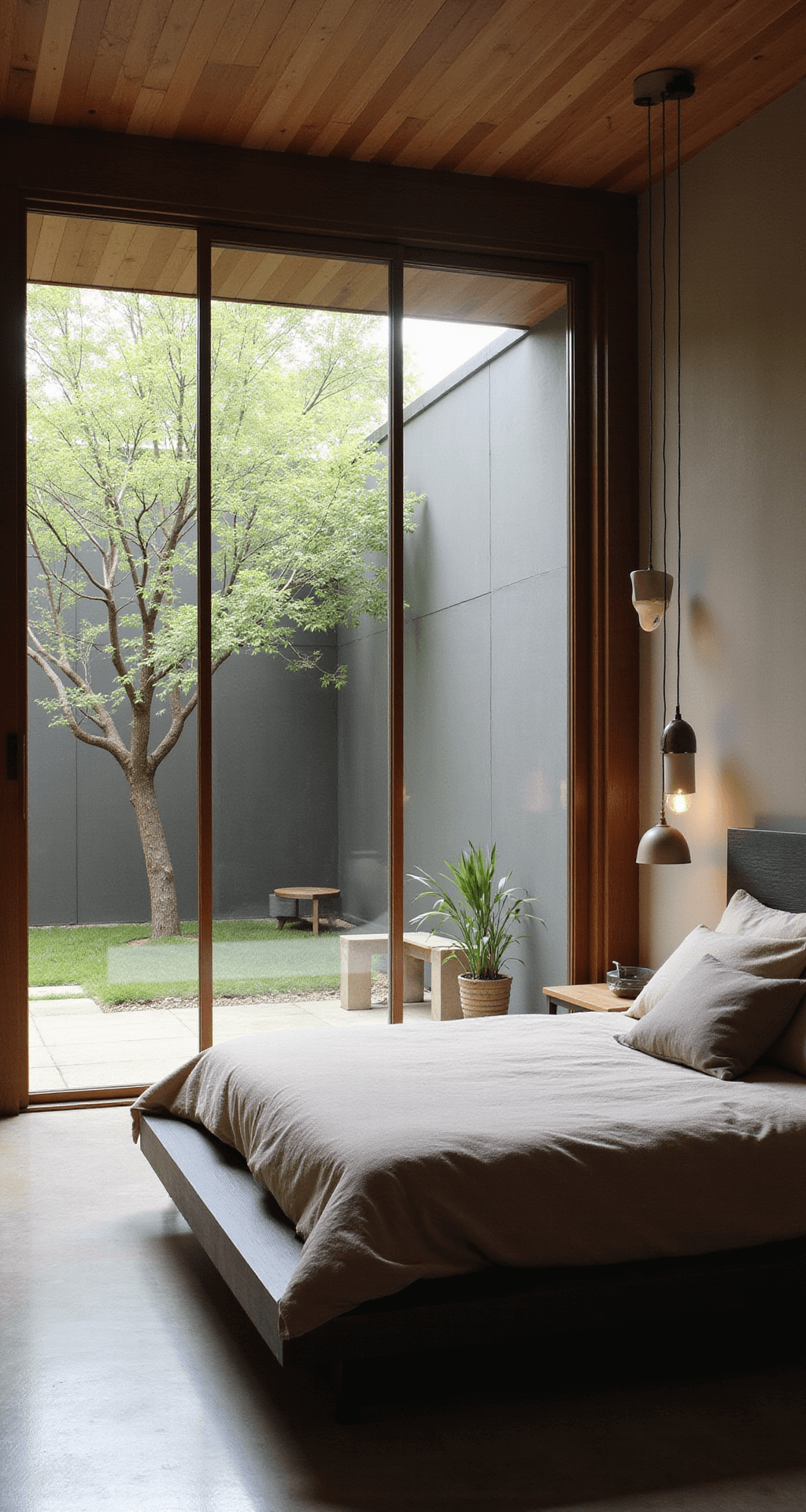 Minimalist bedroom with sliding glass walls opening to a private courtyard, featuring a low-profile blackened oak bed dressed in clay and sand linen, handcrafted ceramic pendant lights, and a connection to nature enhanced by early morning light and shadows.