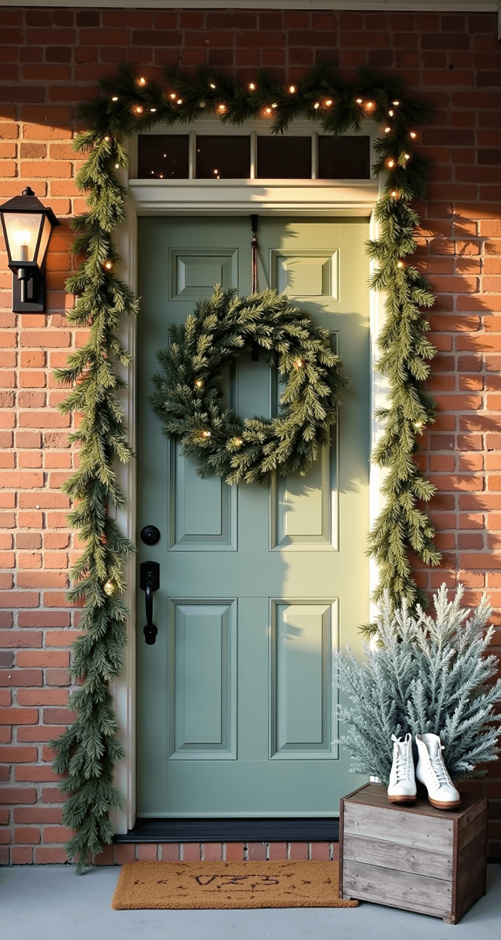 A charming 6x4ft covered porch at golden hour featuring a sage green door adorned with a large mercury glass wreath, framed by frosted pine garland and warm white lights. A wooden crate holds vintage ice skates and silver-dusted pine branches, with the scene captured from a slight upward angle to highlight the vertical design against a textured brick facade.