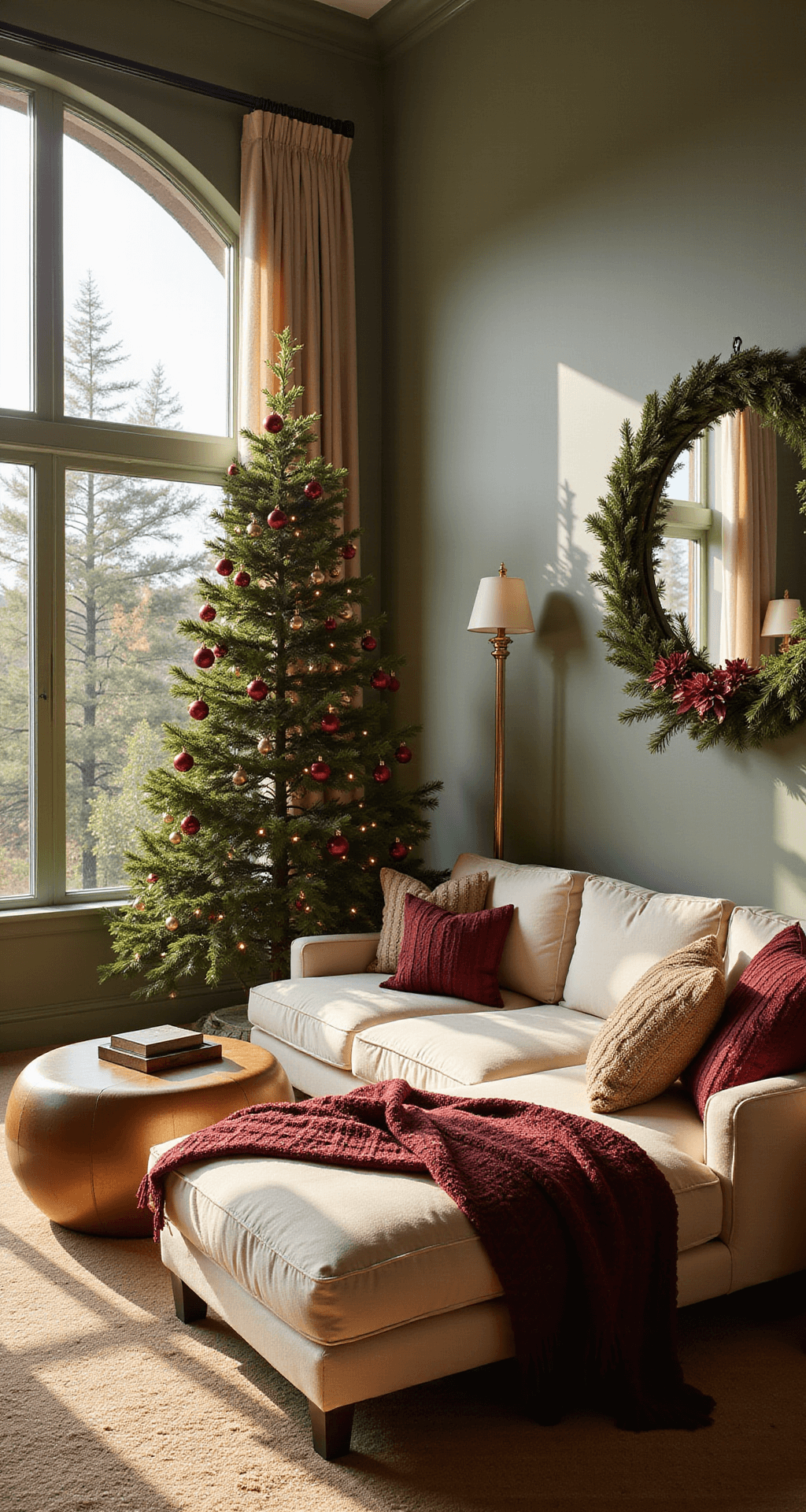 A spacious living room bathed in golden hour light, featuring sage green walls, an oversized gold-framed mirror with a pine wreath, a 9ft Christmas tree adorned with cranberry and champagne ornaments, and a cream sectional sofa with burgundy throws, all captured from a low angle with a bokeh effect on twinkling tree lights.