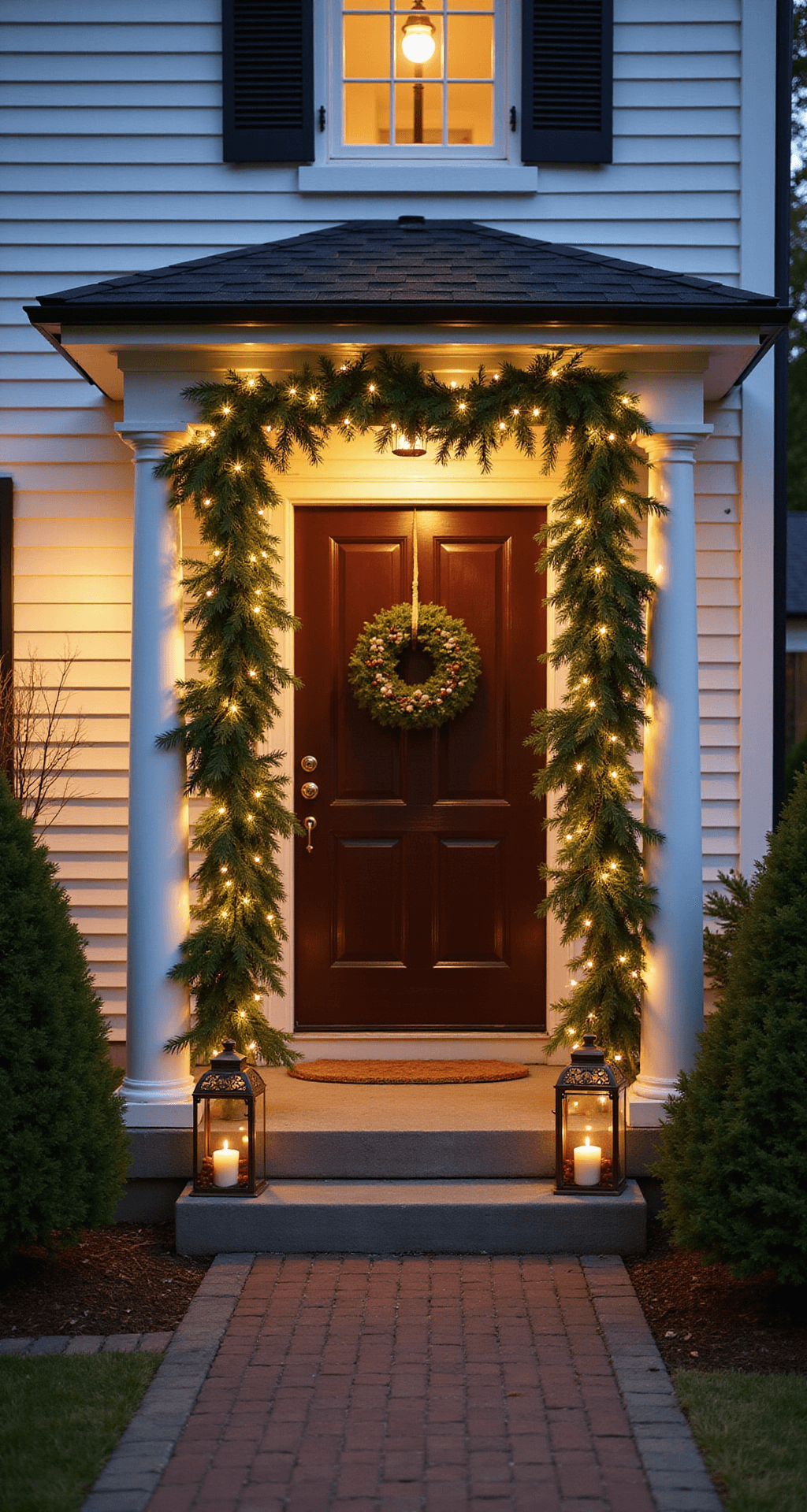 A cozy front stoop decorated with layered cedar and pine garlands and warm white lights, flanked by antique brass lanterns filled with flameless candles and cranberries, set against white colonial pillars at dusk with deep evergreen and burgundy accents.