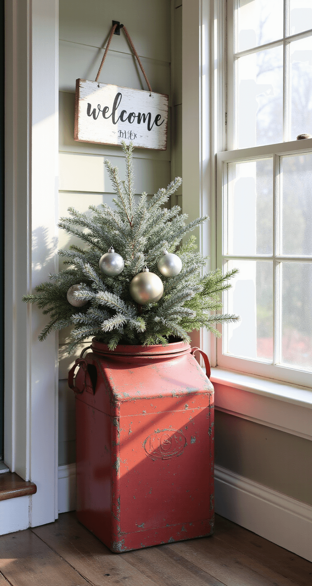 A vintage farmhouse porch at sunrise features a distressed red metal milk cooler filled with silver-frosted pine branches and vintage ornaments, a white-washed welcome sign above, and a soft morning mist adding depth to the scene, showcasing a color palette of weathered red, antique white, and forest green.