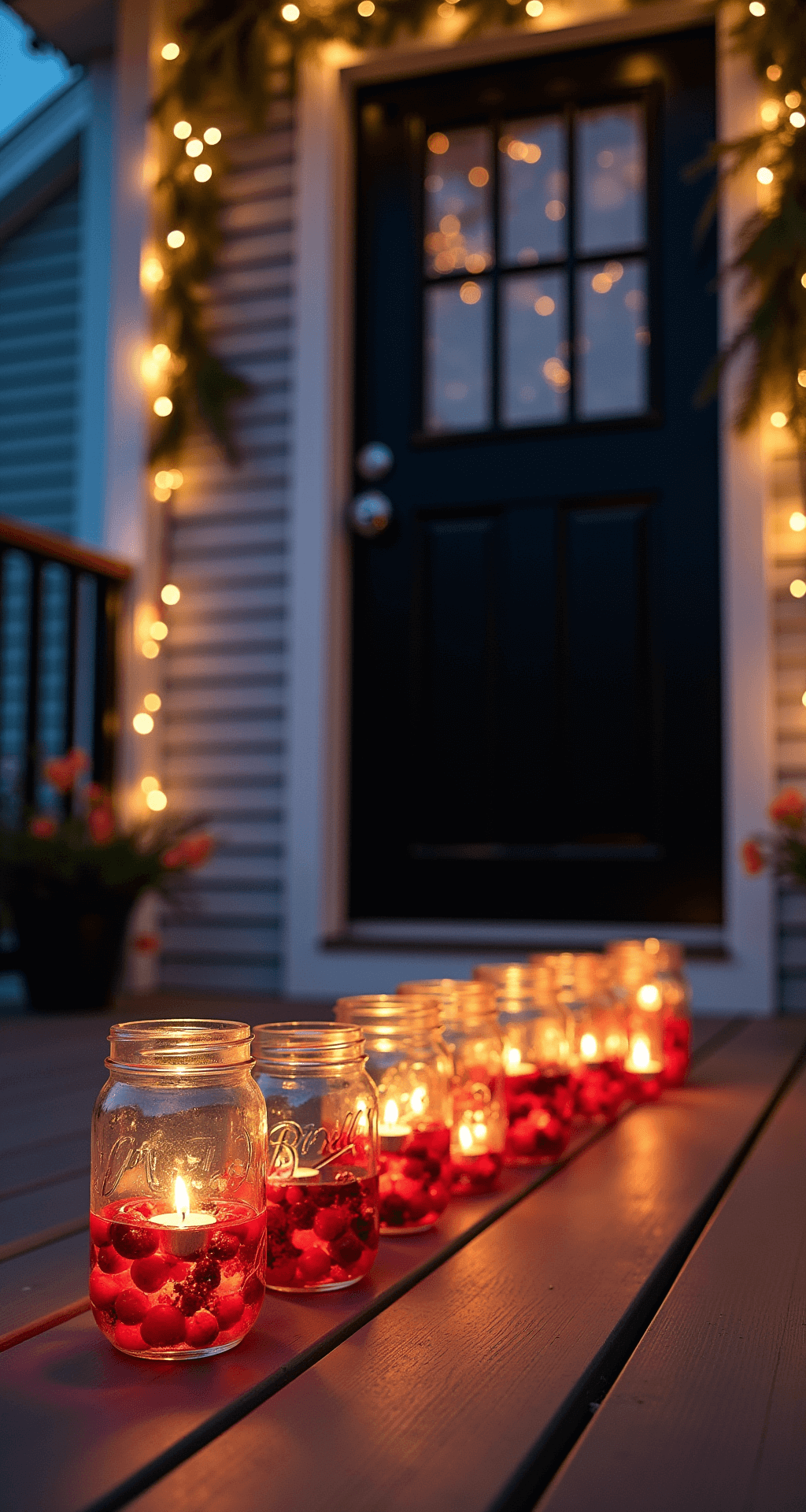 Twilight scene of a contemporary porch featuring a dozen varied-height mason jars filled with floating cranberries and LED tealights, casting a warm glow. The modern black door serves as a backdrop, adorned with minimal pine swag and copper wire lights. A low camera angle highlights the jar arrangement, blending natural blue hour light with the illumination from the jars, while the crystal-clear glass reflects a festive sparkle.