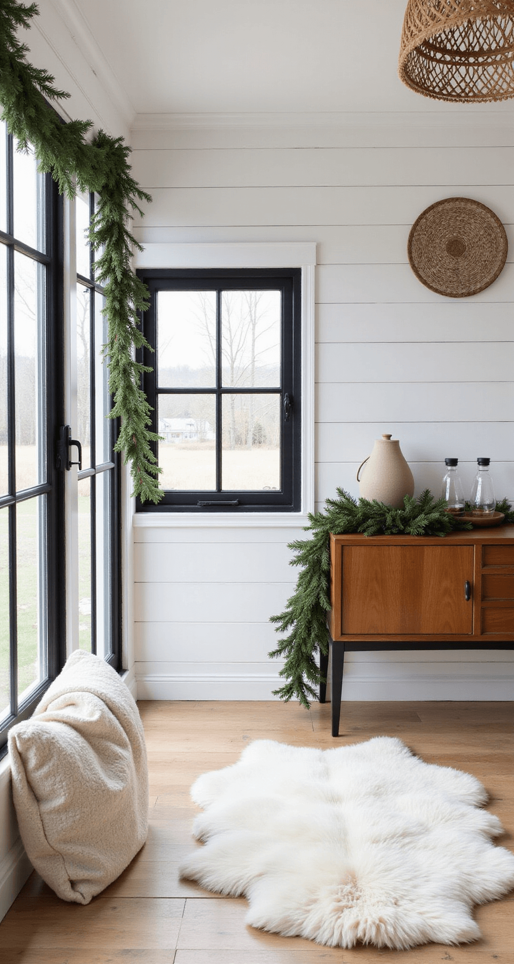 Cozy Scandinavian-inspired room with white shiplap walls, black steel-framed windows, and natural pine garland on a modern credenza, featuring layered sheepskin rugs on light oak floors and a rattan pendant casting shadows. Morning light creates a bright, airy atmosphere with subtle holiday accents.
