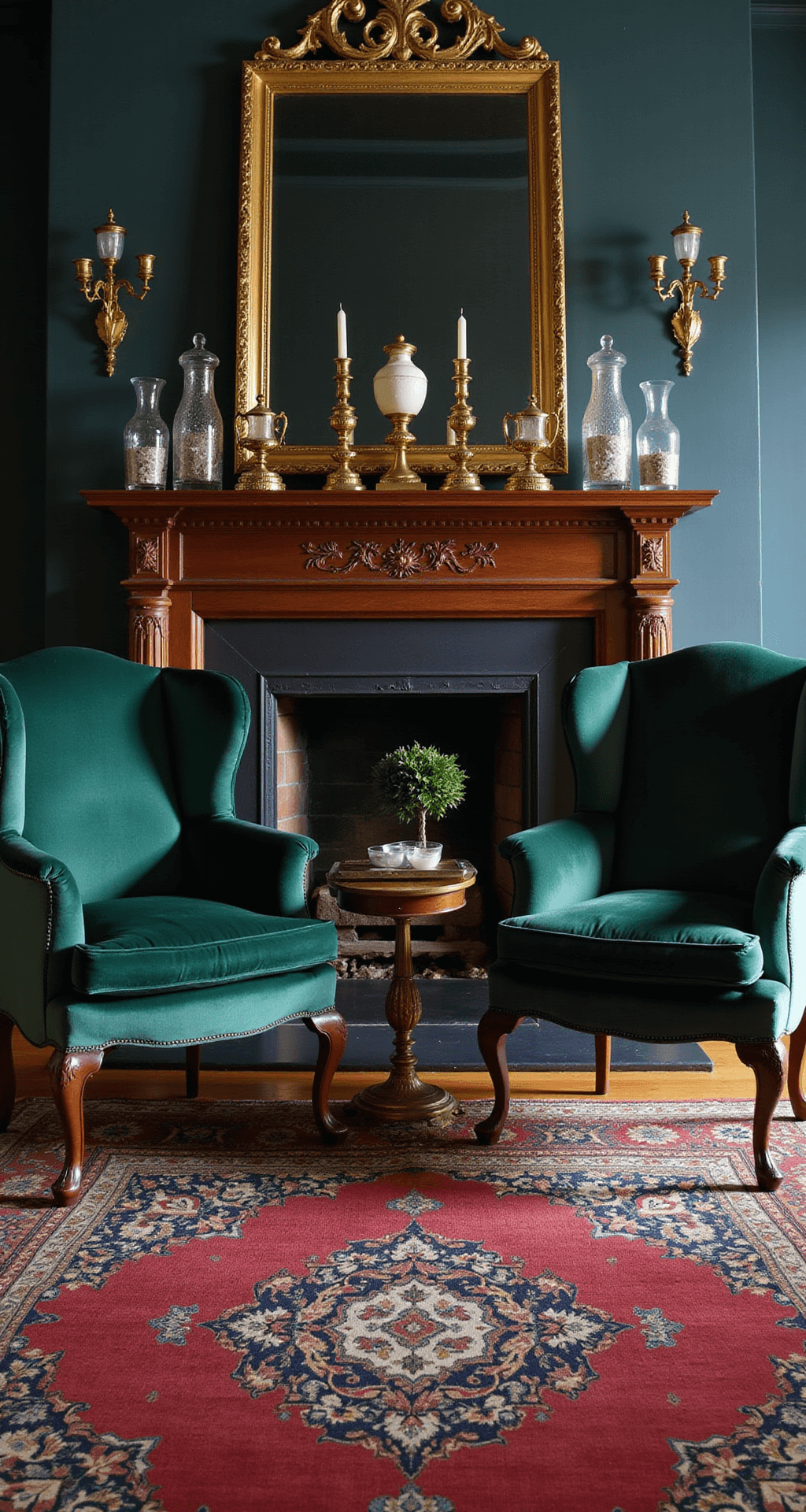 A family room at twilight featuring deep navy walls adorned with vintage brass candlesticks and mercury glass ornaments, emerald velvet wingback chairs beside a carved wooden mantel, and a jewel-toned Oriental rug, viewed from mantel height to highlight the room's symmetry and formality.