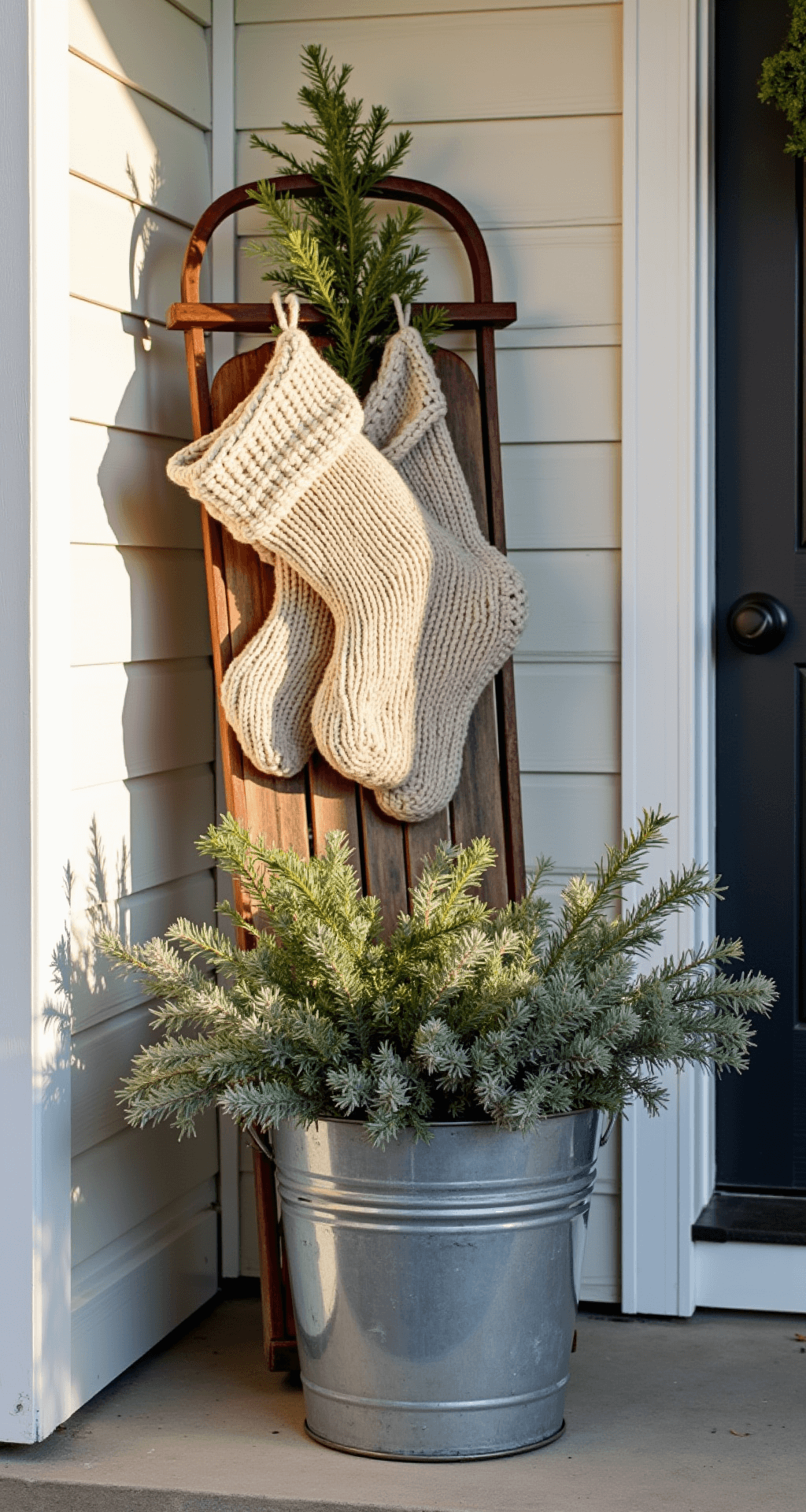 A cozy craftsman porch corner in mid-morning light features a vintage wooden sled leaning against a shiplap wall decorated with hand-knit stockings and cedar sprigs. A galvanized metal bucket overflows with mixed winter greenery, with natural material contrasts highlighted by crisp sunlight, creating a textural focal point.