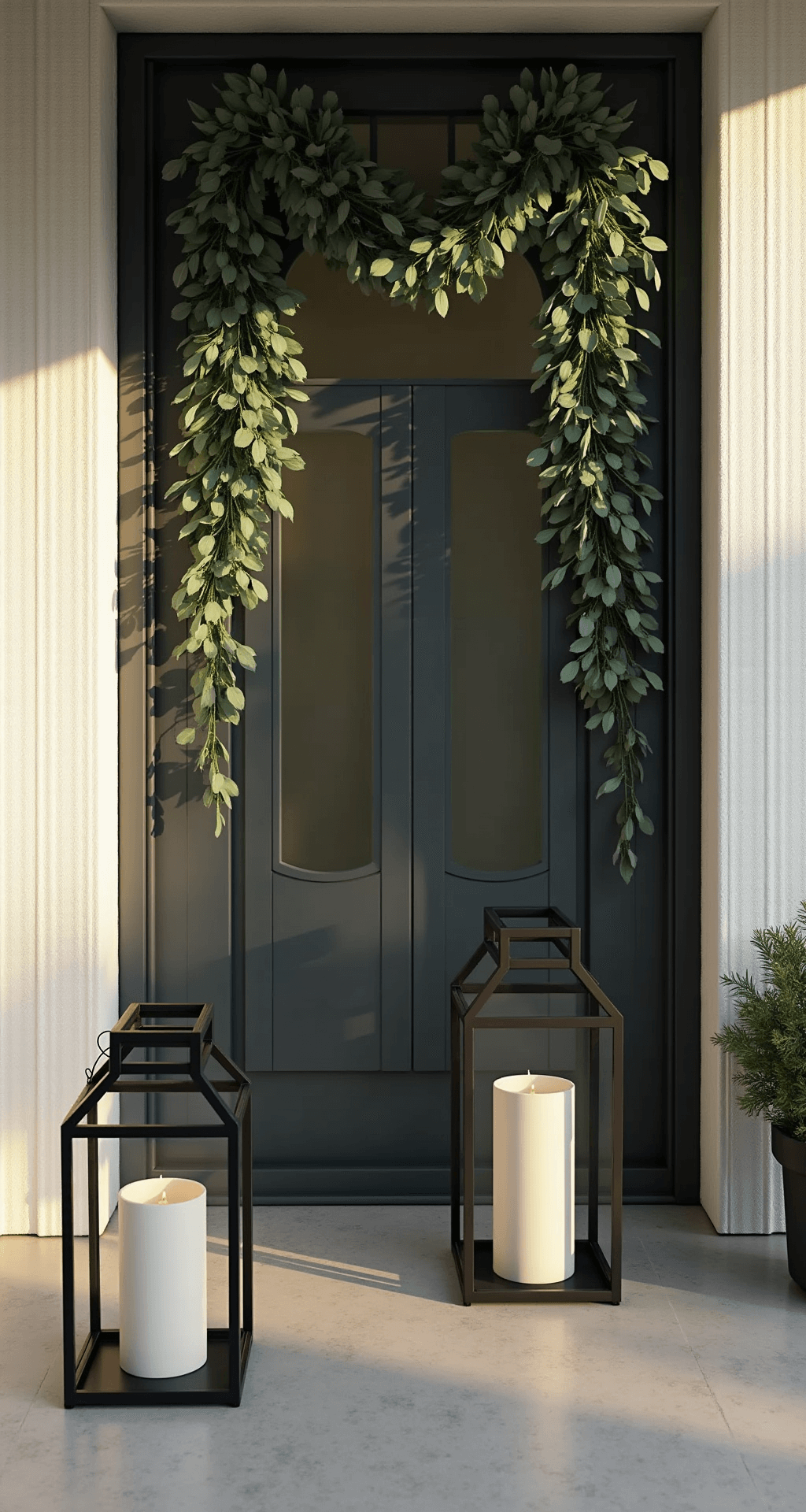 A minimalist modern porch featuring sleek black metal lanterns with oversized LED candles, an asymmetrical eucalyptus and pine garland on a glass door, and deep forest green velvet ribbons, illuminated by late afternoon sunlight and creating dramatic shadows.