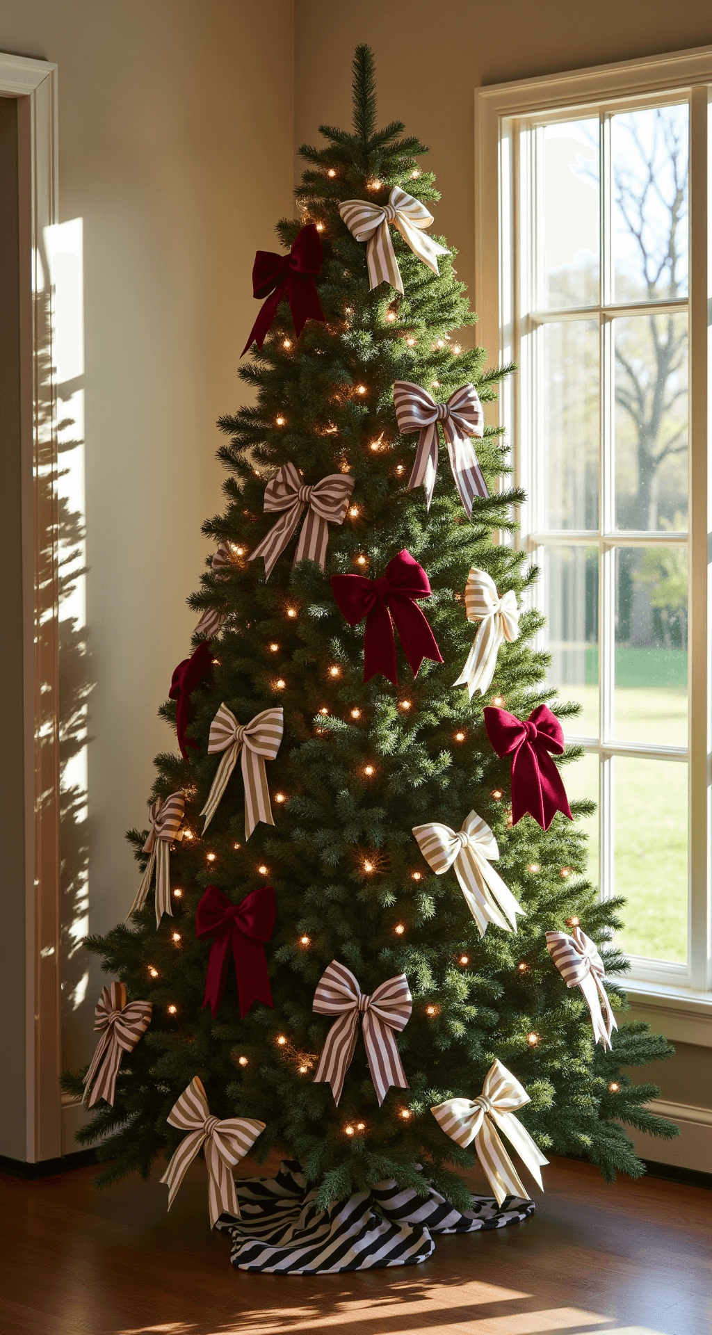 A sunlit corner of a living room features a majestic Fraser fir decorated with cascading black and white striped silk ribbons and oversized burgundy and cream velvet bows, illuminated by warm golden hour light filtering through floor-to-ceiling windows, against a neutral greige wall and accompanied by a modern brass floor lamp.
