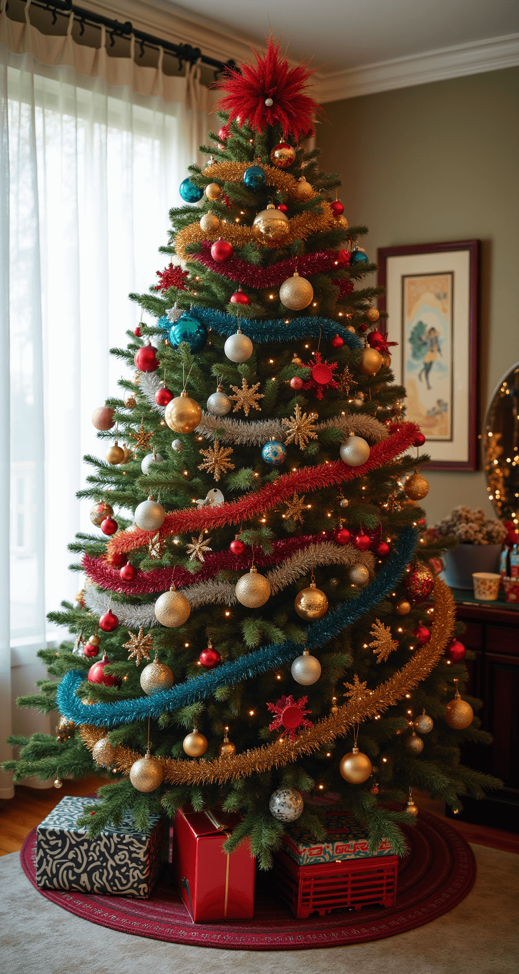 Wide-angle shot of a luxurious living room adorned for the holidays, featuring a towering 9-foot noble fir decorated with an eclectic mix of ornaments. Soft afternoon light filters through sheer curtains, highlighting vibrant jewel tones, gold, and silver accents alongside playful neon pops. Rainbow tinsel cascades down the tree, interwoven with multi-colored LED lights, creating a dazzling centerpiece that captures the warm glow of the room.