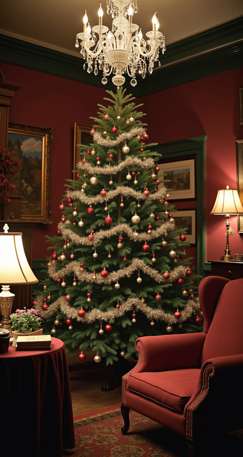 A moody Victorian parlor decorated for the evening, featuring an 8-foot blue spruce adorned with antique decorations, illuminated by a crystal chandelier. Mercury glass ornaments and silver tinsel garlands shimmer in the soft light against dark burgundy walls, with vintage furniture framing the scene and adding to the nostalgic atmosphere.