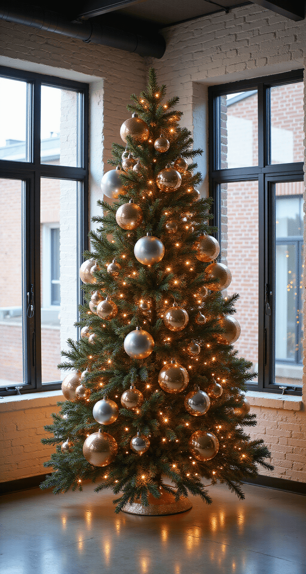 A modern loft space with 20-foot ceilings featuring a 12-foot artificial tree adorned with oversized copper, champagne, and silver baubles creating an ombré effect, illuminated by cool morning light from industrial windows and warm LED uplighting, against a white brick backdrop that enhances metallic reflections.