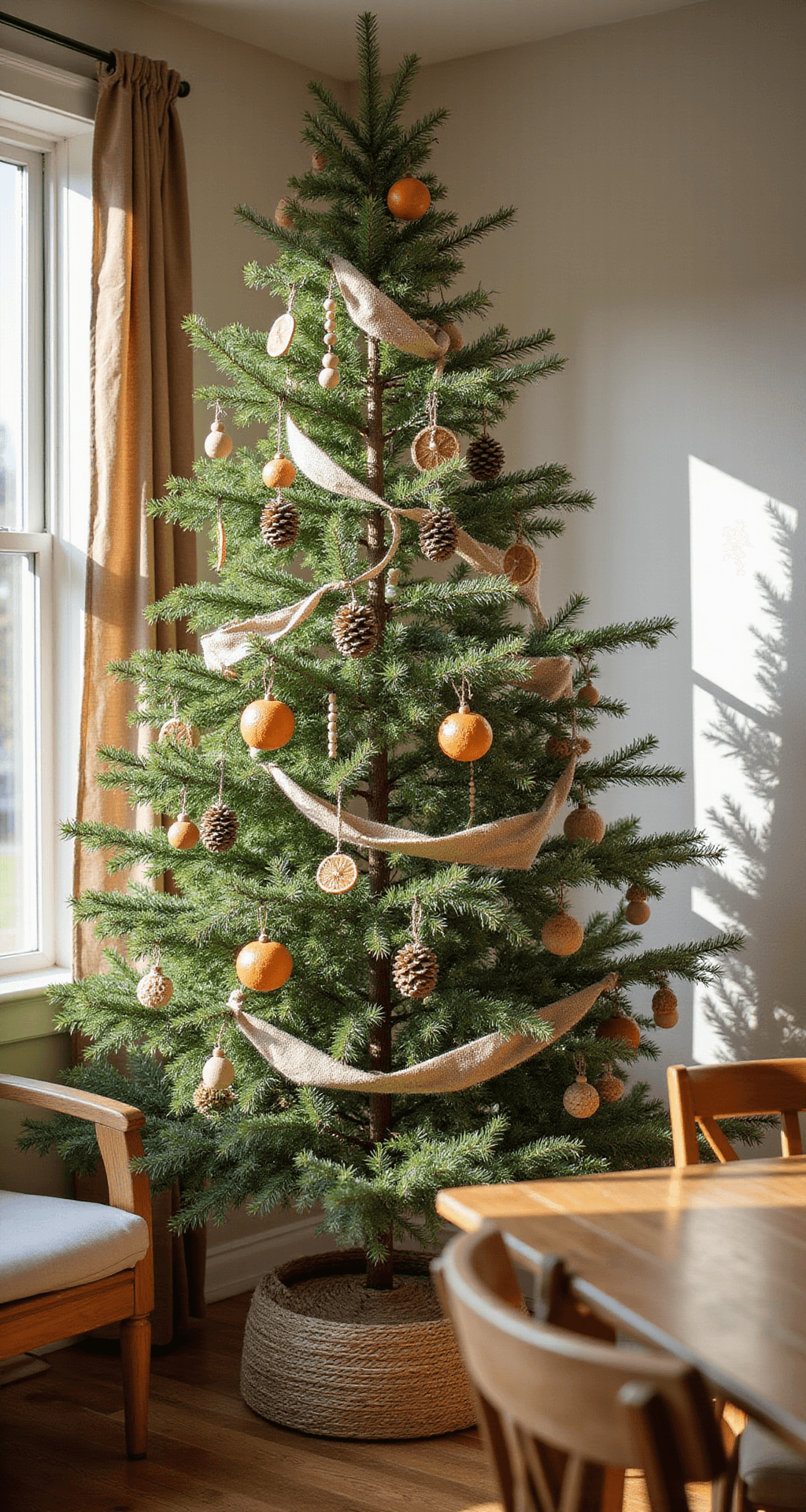 A cozy breakfast nook with abundant natural light featuring a Norfolk pine tree decorated with dried orange slices, pine cone clusters, and wooden bead garlands, complemented by neutral jute ribbon. The scene captures warm browns, terracotta, and natural greens, with rattan furniture and woven baskets enhancing the sustainable decor.