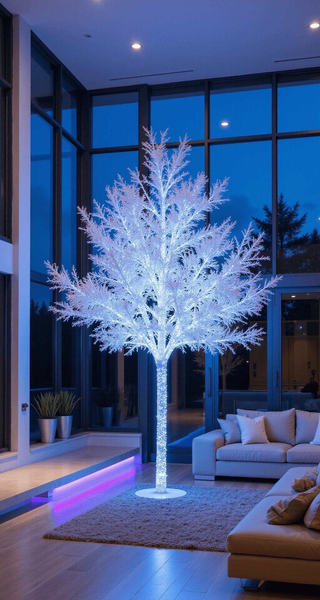 Contemporary open-concept living space featuring a 10-foot white artificial tree with app-controlled LED lights, set against a backdrop of blue hour exterior light through large windows. The image showcases minimal modern furniture, a cool color palette of ice white and silver, and color-changing lights in a gradient program, all captured with an ultra-wide lens to highlight architectural features and the tree's prominence.
