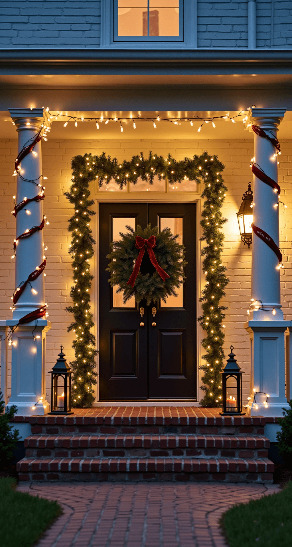 A grand Victorian front porch at dusk featuring ornate white columns wrapped in garland and burgundy velvet ribbon, a large pine wreath with brass bells on the double doors, warm LED lights illuminating whitewashed brick, and antique lanterns with flickering candles, captured from a low angle for a dreamy bokeh effect.