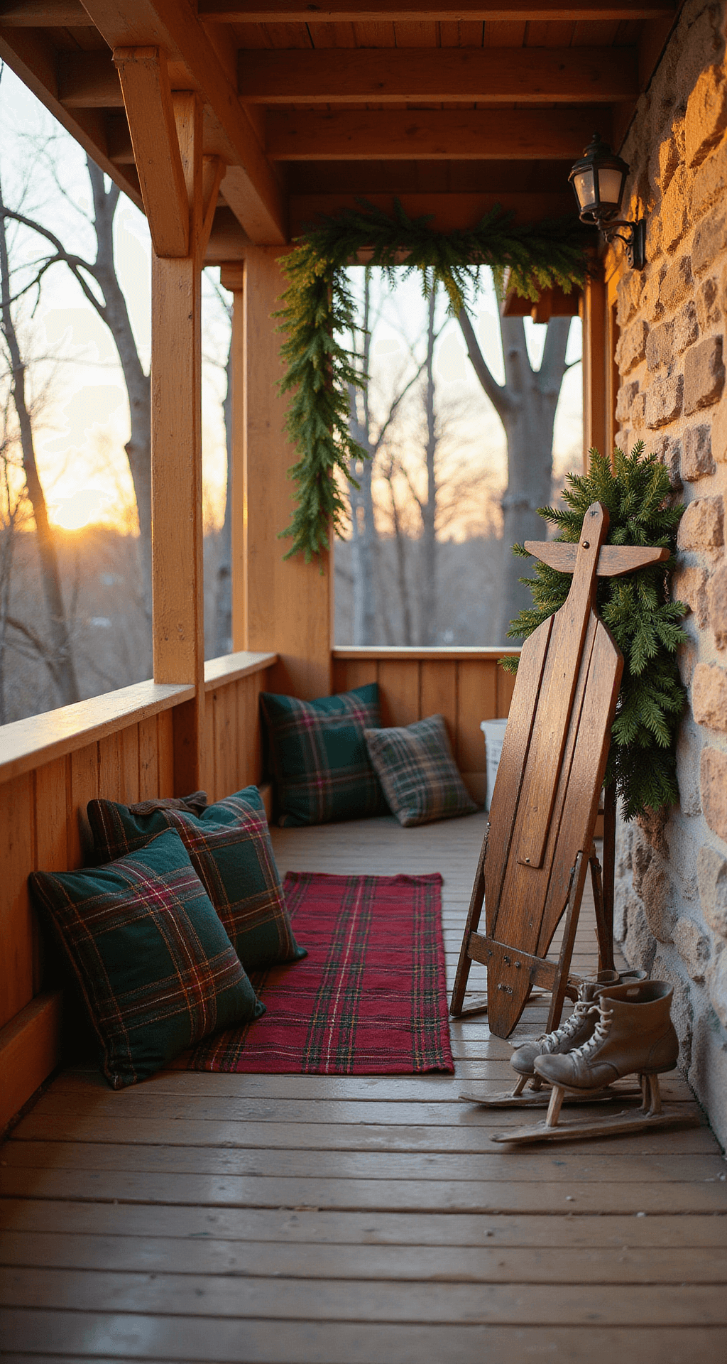 Intimate craftsmen-style covered porch at golden hour, featuring natural cedar beams, a wool plaid runner, matching forest green and deep crimson pillows, a vintage wooden sled against a stone wall, adorned with pine garland and ice skates, all illuminated by warm sunset light.