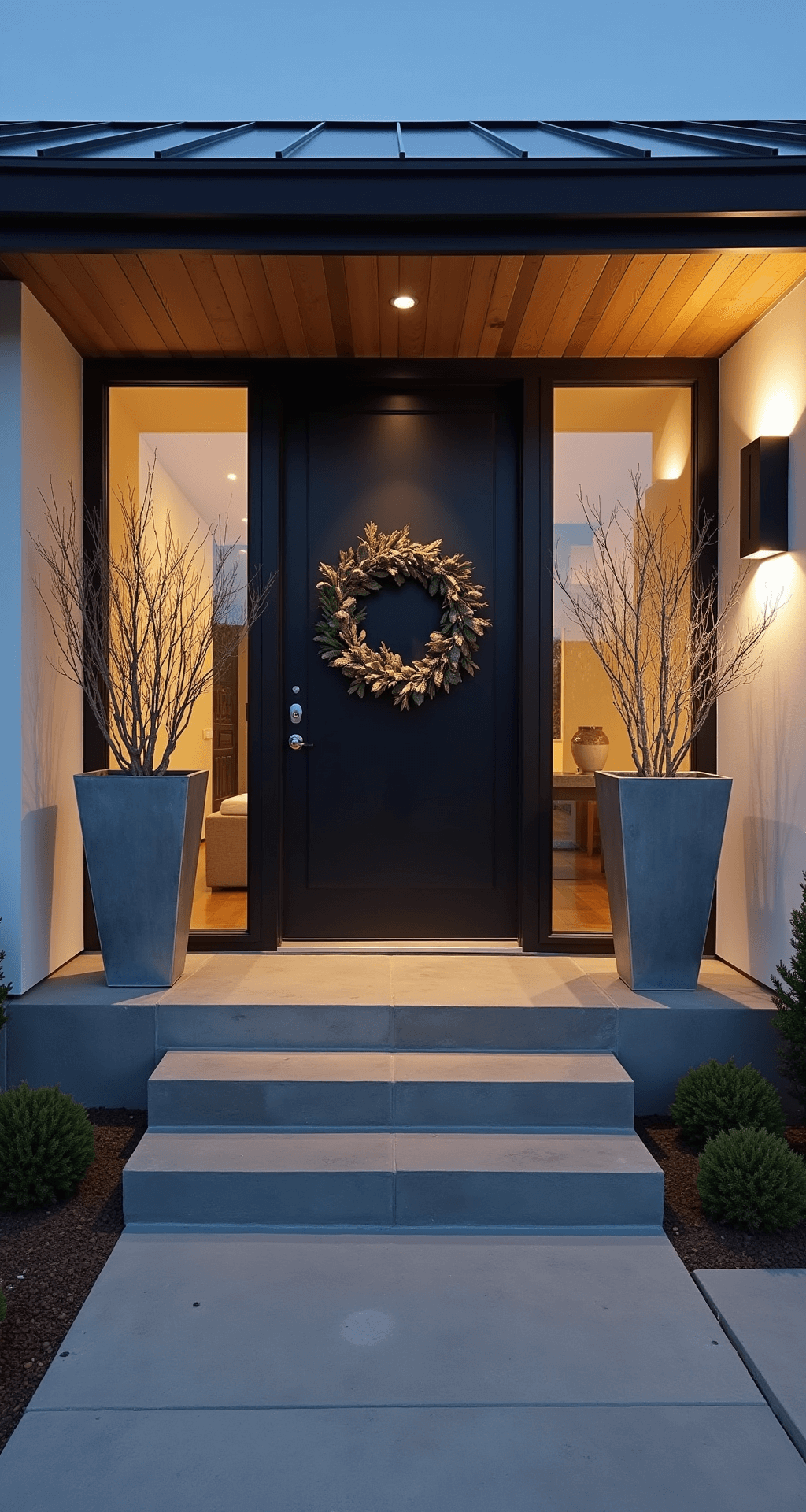 Modern farmhouse entrance featuring a dramatic 10-foot black steel door between floor-to-ceiling windows, decorated with a minimalist wreath. Illuminated birch branches in oversized zinc planters flank wide limestone steps, with geometric outdoor sconces casting shadows, all captured during blue hour.