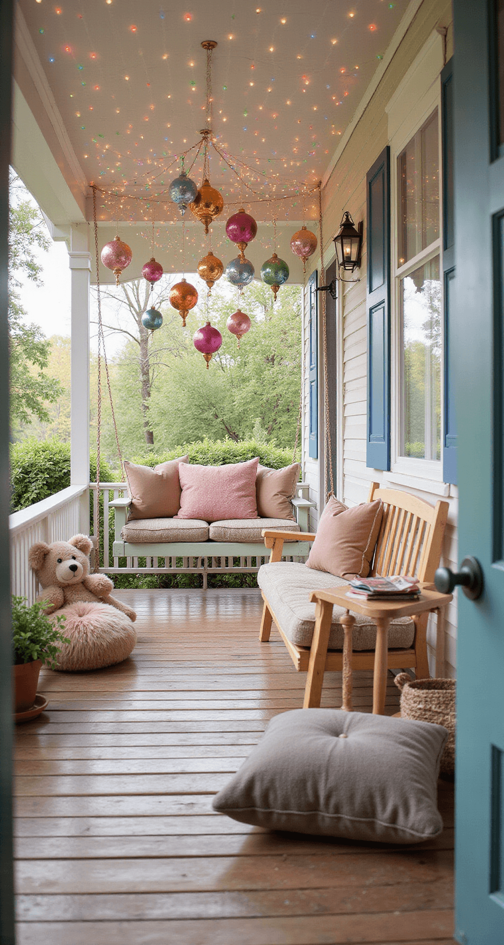 A whimsical cottage porch bathed in morning light, featuring a pastel-painted wooden swing adorned with faux fur throws and metallic pillows. Colorful ornaments dangle from a white-painted ceiling, while rainbow LED net lights provide a magical backdrop, captured from a corner angle to highlight foreground details.