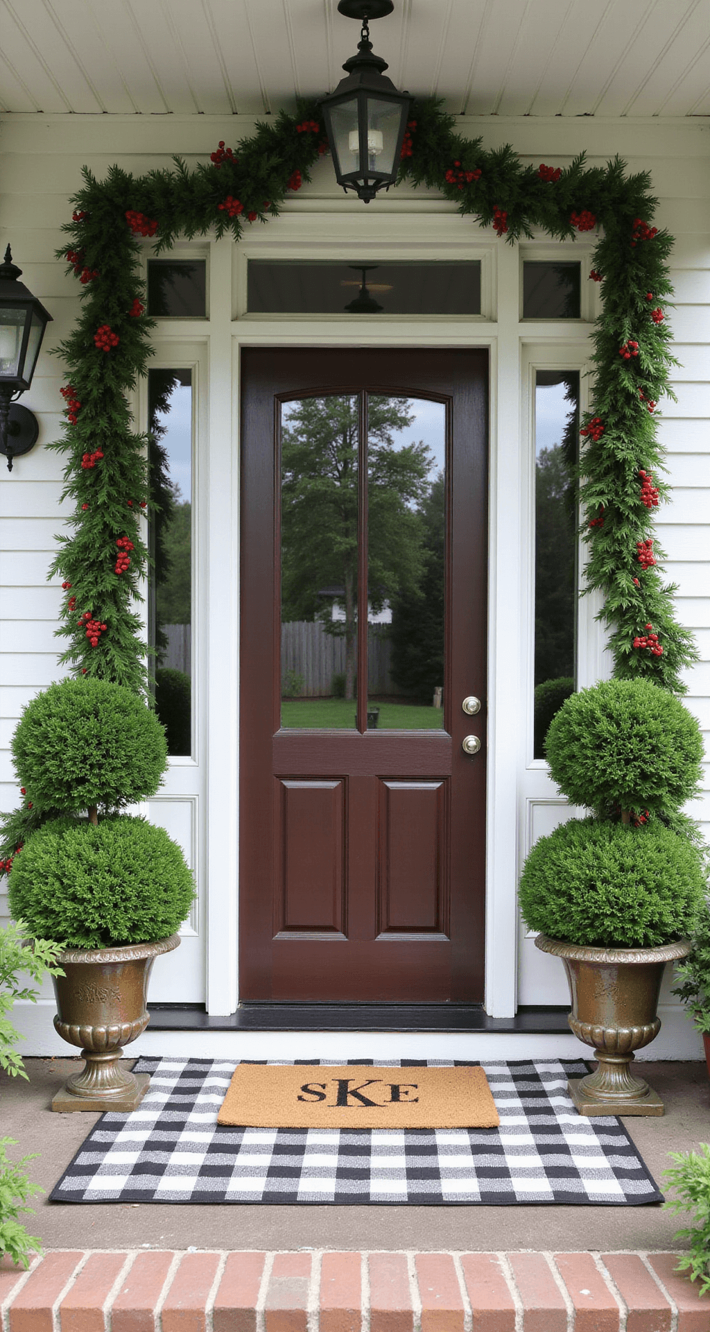 A symmetrical colonial portico entrance featuring boxwood topiaries in mercury glass containers, adorned with a green garland and red berry clusters framing a 9-foot doorway, with a monogrammed coir doormat layered over a buffalo check rug, captured in professional strobe lighting at midday.