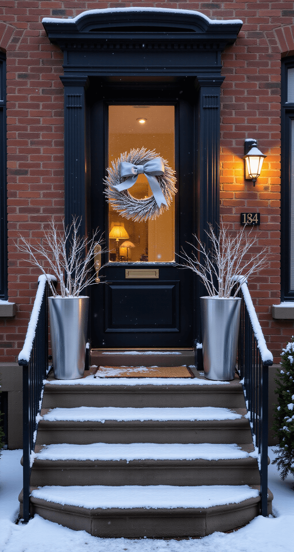 Contemporary brownstone stoop blanketed in fresh snowfall, featuring illuminated metal planters with white branches, a minimalist wreath adorned with a silver bow, and modern backlit house numbers. A black and white striped stair runner is dusted with snow, captured from street level with a long exposure to showcase falling snowflakes.