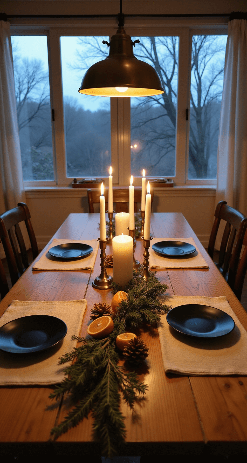 Intimate Scandinavian dining space at dusk, featuring a vintage pine table with white taper candles, a modern brass pendant light, and natural decor of eucalyptus, pine branches, and dried orange slices, all illuminated by warm and cool lighting.