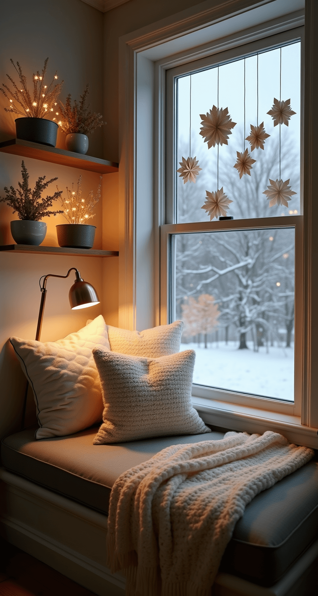 A cozy reading nook at twilight features a deep window seat filled with white and gray textured pillows, facing a snow-dusted landscape. Fairy lights wrap around dried botanicals on floating shelves, while a brass floor lamp illuminates the space. Handmade paper stars hang in the window, and a chunky cream wool throw adds warmth. The image is taken from a corner angle, highlighting the contrast between window light and the inviting interior ambiance.