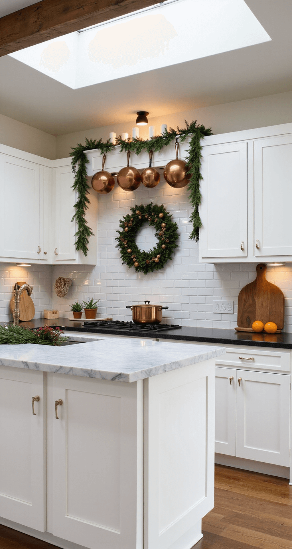 A modern kitchen featuring white cabinets and black soapstone counters, highlighted by copper pots from a rustic beam and an advent wreath on a marble island, complemented by wooden cutting boards, dried herbs, and orange garlands, illuminated by natural and warm under-cabinet lighting.