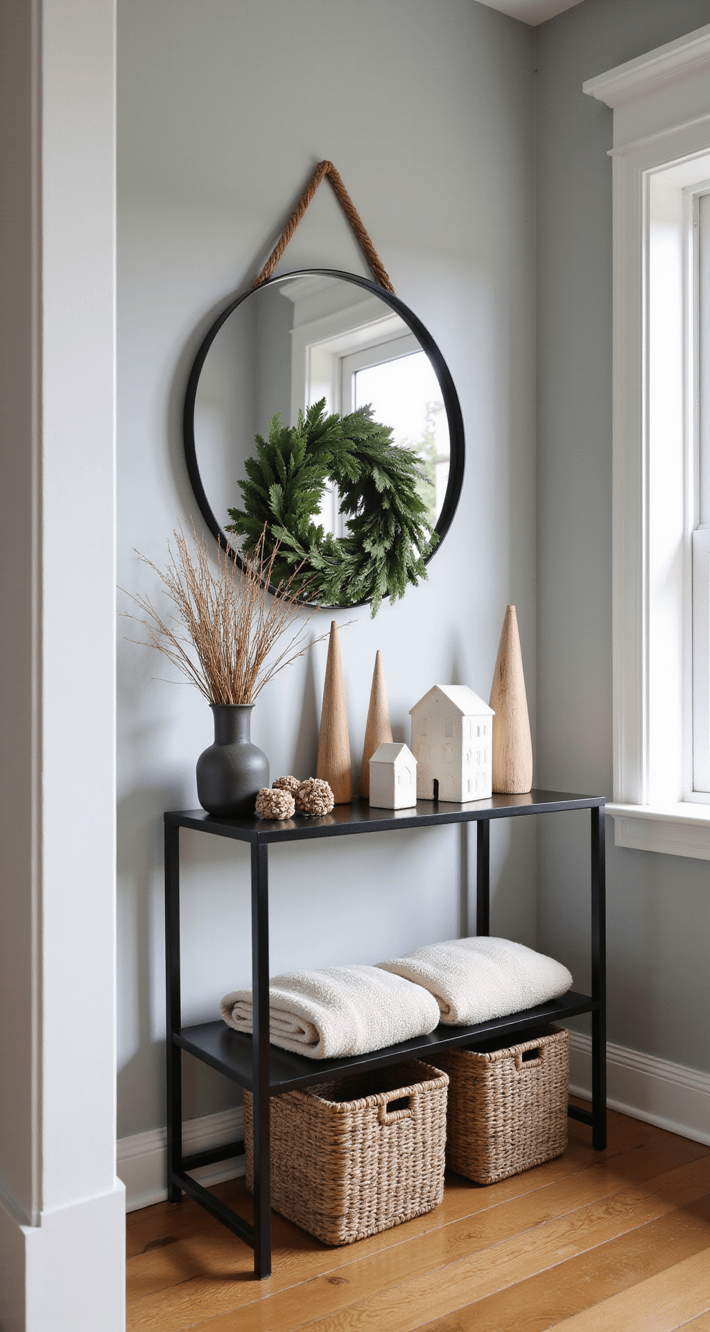 Minimalist entryway featuring a black metal console table with wooden gnomes and white ceramic houses, large round mirror, pinecone wreath, woven baskets with wool blankets, and pale gray walls contrasted by warm wood flooring, all illuminated by cool morning light.