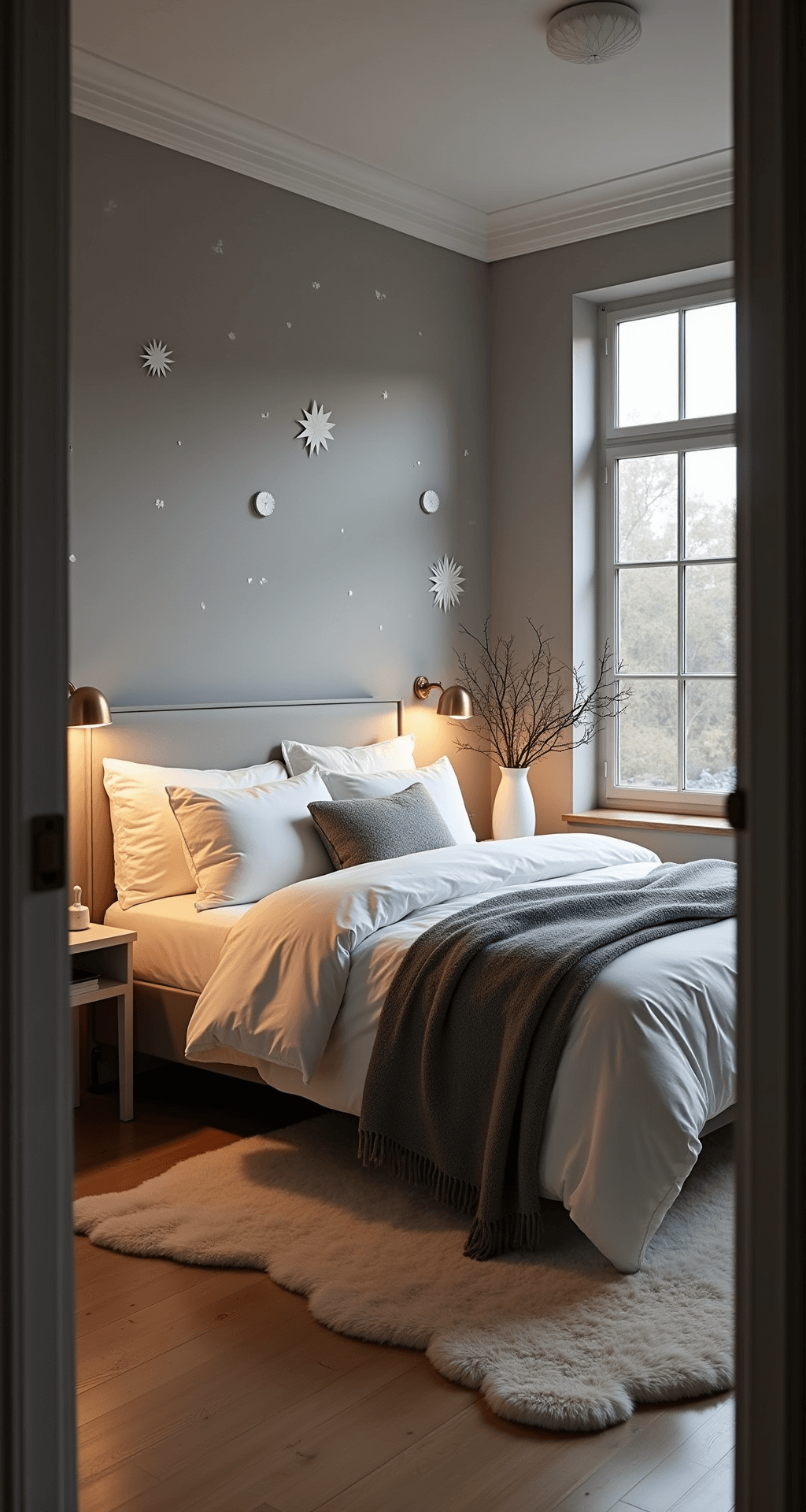 A serene master bedroom at night featuring a king bed with white linens and gray throws, large windows, illuminated paper stars, warm brass sconces, a minimal vase arrangement, sheepskin rugs, and light wood floors, captured from a doorway corner.