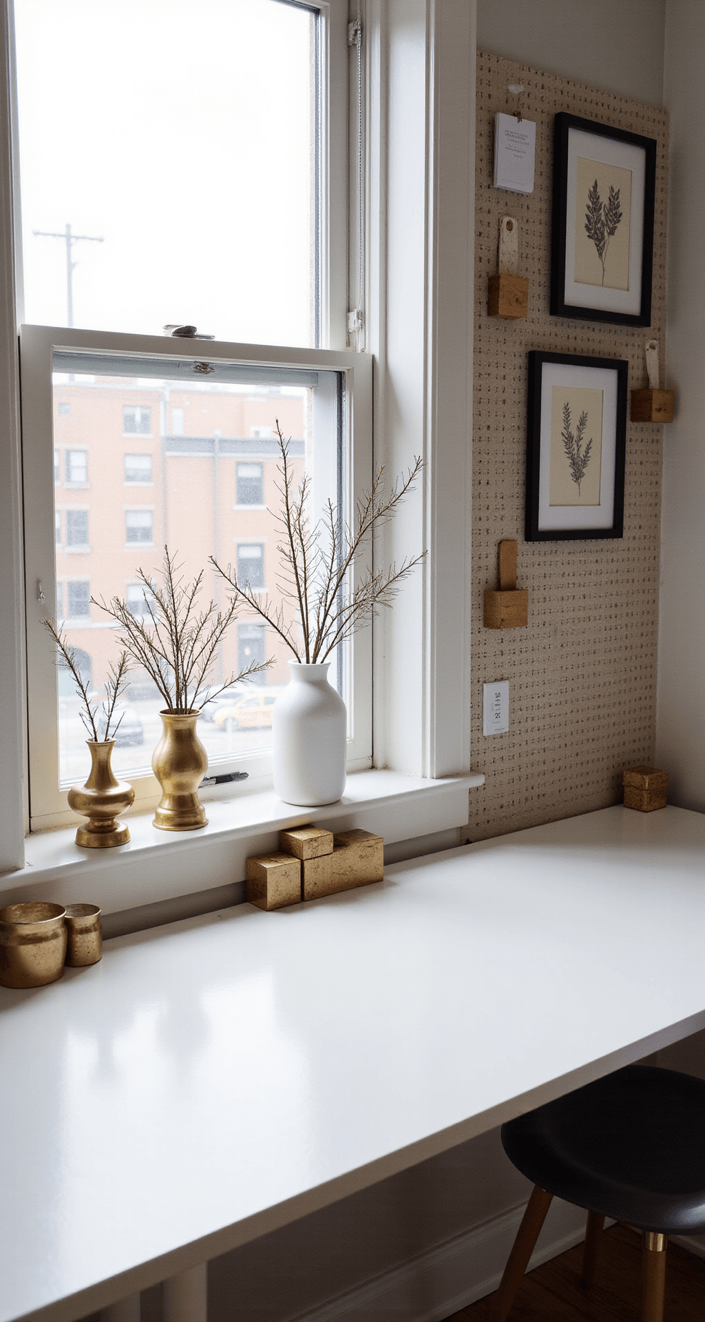 A contemporary home office featuring a white desk with a city view, adorned with brass ornaments and white ceramic vessels. A pegboard wall displays framed botanical prints, while wooden calendar boxes count down to Christmas, all illuminated by a mix of warm and natural light.