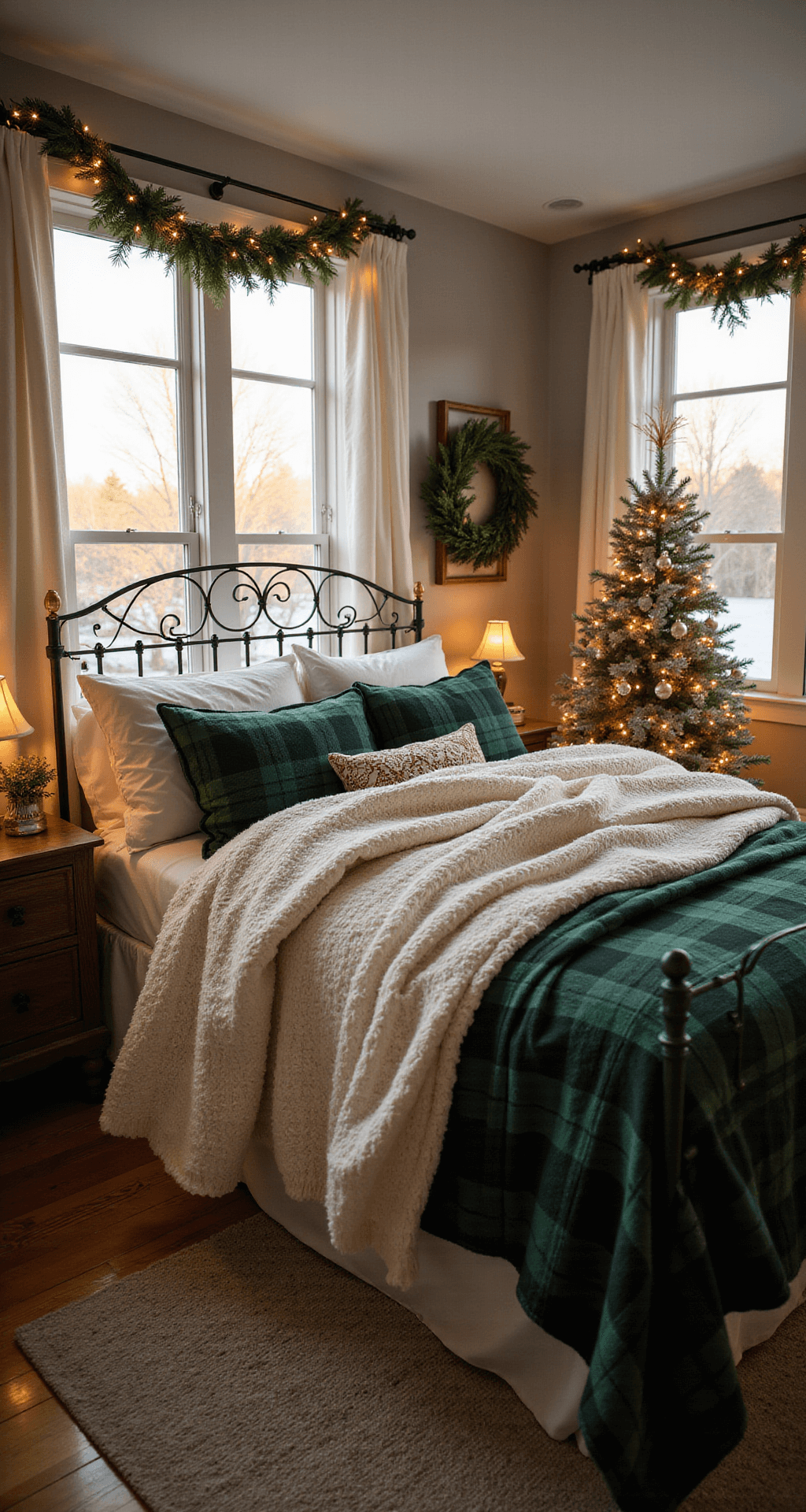 Transform Your Bedroom into a Magical Christmas Retreat: Easy Festive Decor Tips A cozy 12x14ft bedroom filled with warm golden hour light, featuring a queen-sized bed with cream throws and buffalo plaid bedding, twinkling LED lights on a wrought iron headboard, vintage glass ornaments on nightstands, and a softly glowing flocked Christmas tree in the corner.