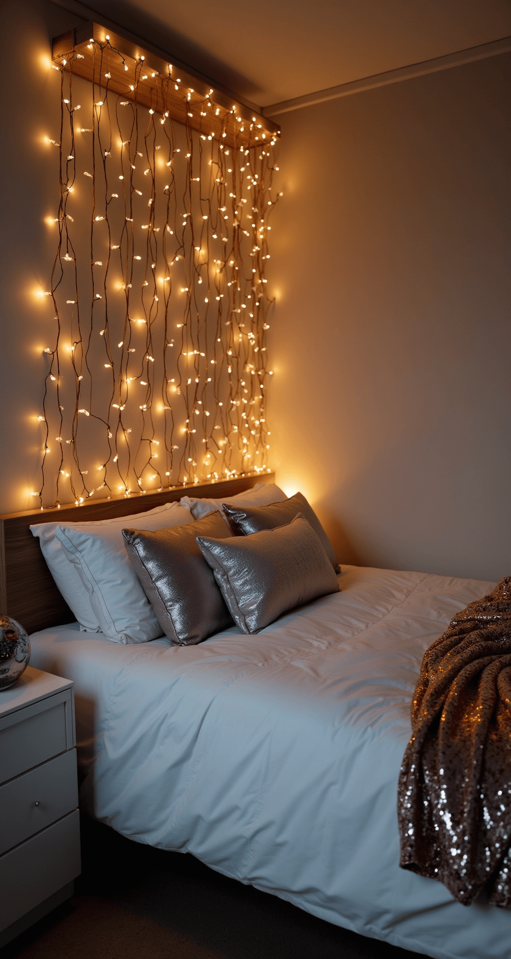 Transform Your Bedroom into a Magical Christmas Retreat: Easy Festive Decor Tips Cozy bedroom at dusk illuminated by copper wire fairy lights; featuring a white duvet with silver accent pillows and a rose gold sequined throw, and a vignette of mercury glass snow globes on a white dresser, all captured from a high corner angle with soft focus on sparkling details.