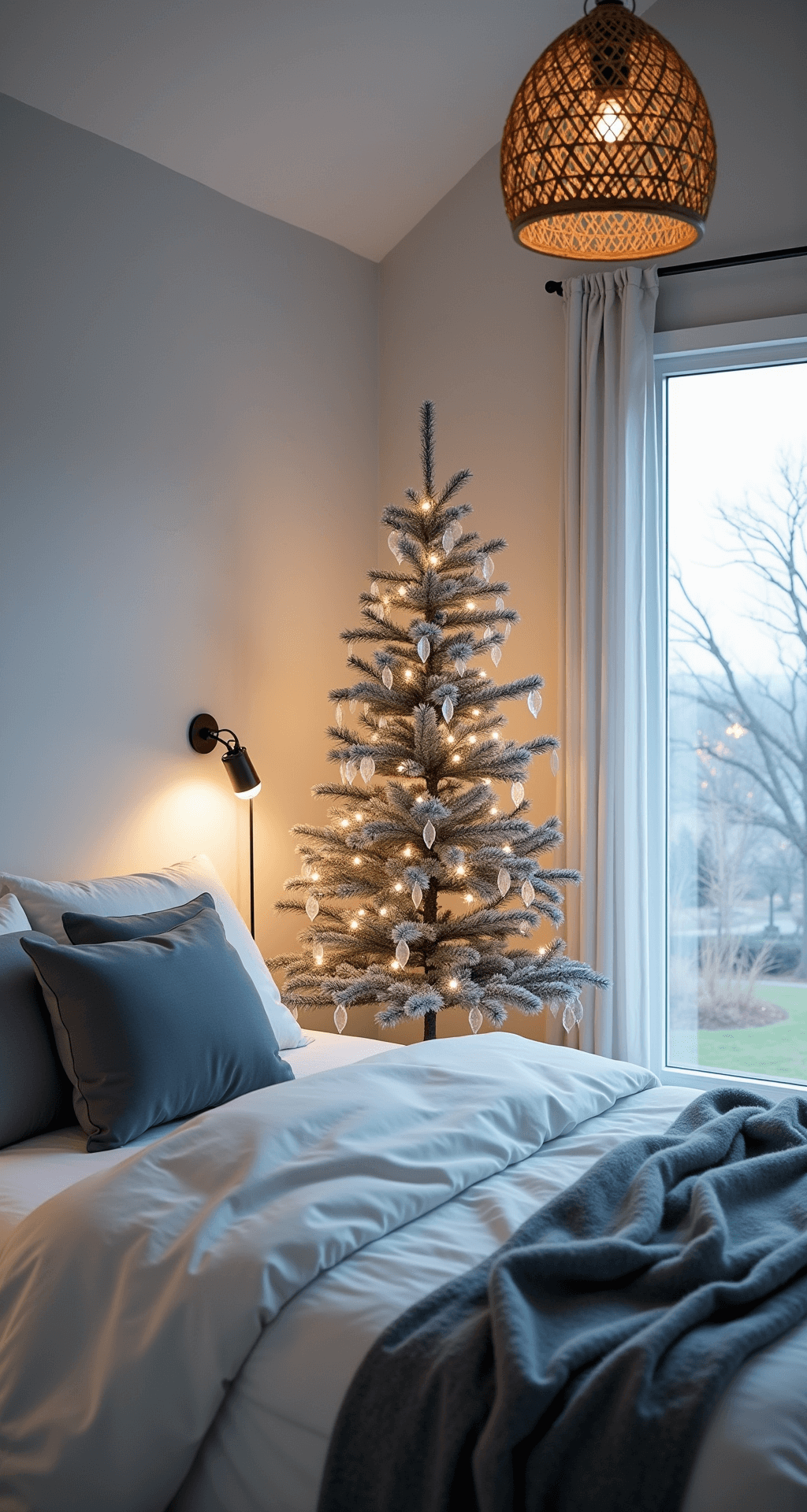 Transform Your Bedroom into a Magical Christmas Retreat: Easy Festive Decor Tips A modern minimal bedroom at blue hour featuring 14ft cathedral ceilings, Scandinavian decor with white bedding and gray-blue pillows, a sparse branch Christmas tree with warm white lights and glass icicles, and soft lighting from basket-woven pendants.