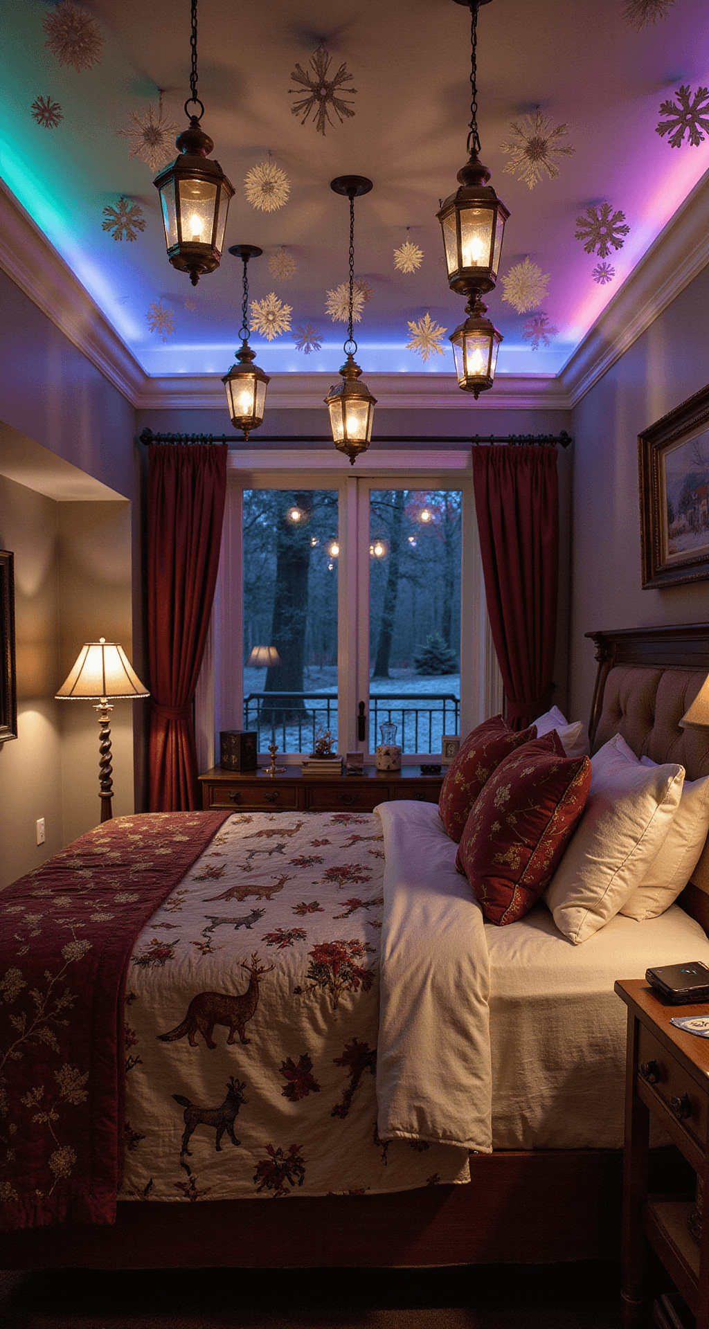 Transform Your Bedroom into a Magical Christmas Retreat: Easy Festive Decor Tips Cozy cottage bedroom at midnight with color-shifting LED strips behind crown molding, featuring a queen bed with vintage quilted bedding in burgundy and cream, handcrafted paper snowflakes hanging from the ceiling, and antique brass lanterns with flickering LED candles, captured from floor level.
