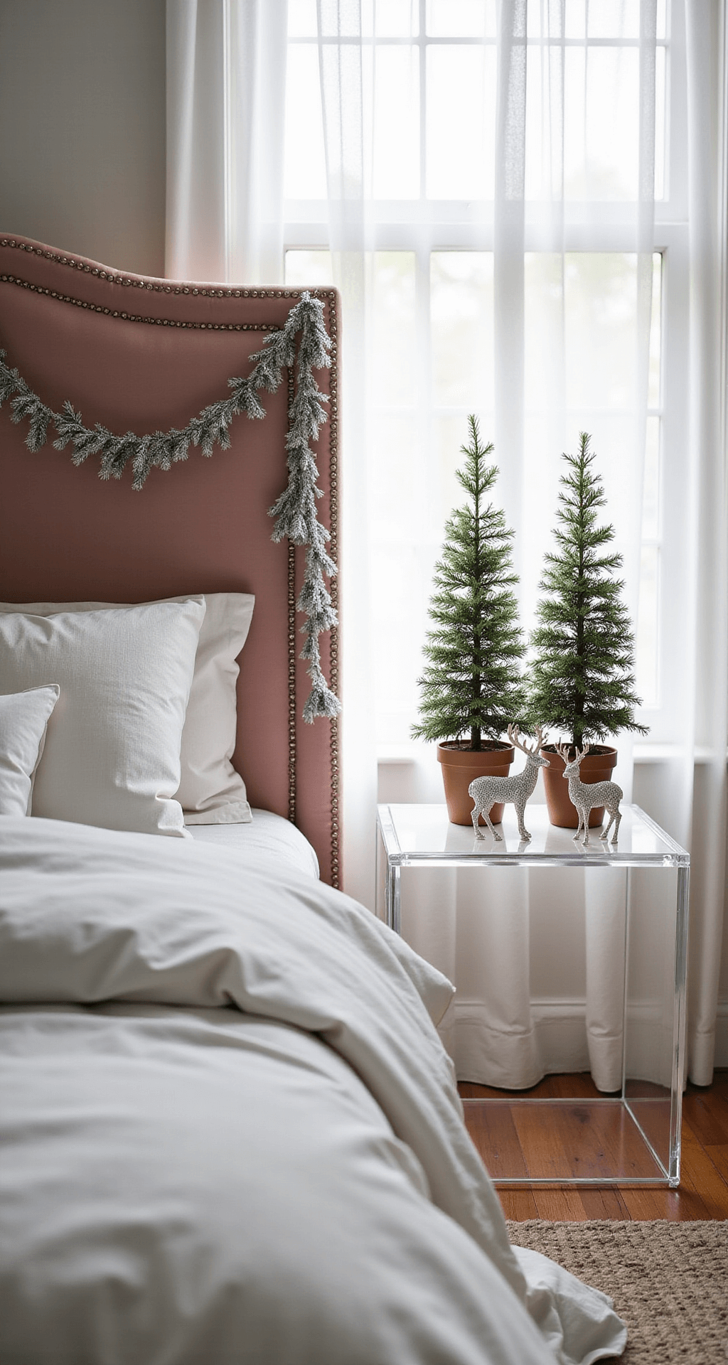 Transform Your Bedroom into a Magical Christmas Retreat: Easy Festive Decor Tips Petite bedroom at dawn with soft light through sheer curtains, featuring a blush pink velvet platform bed with silver beaded garland, lucite nightstands, and crystal-deer figurines, capturing intricate holiday decor details.