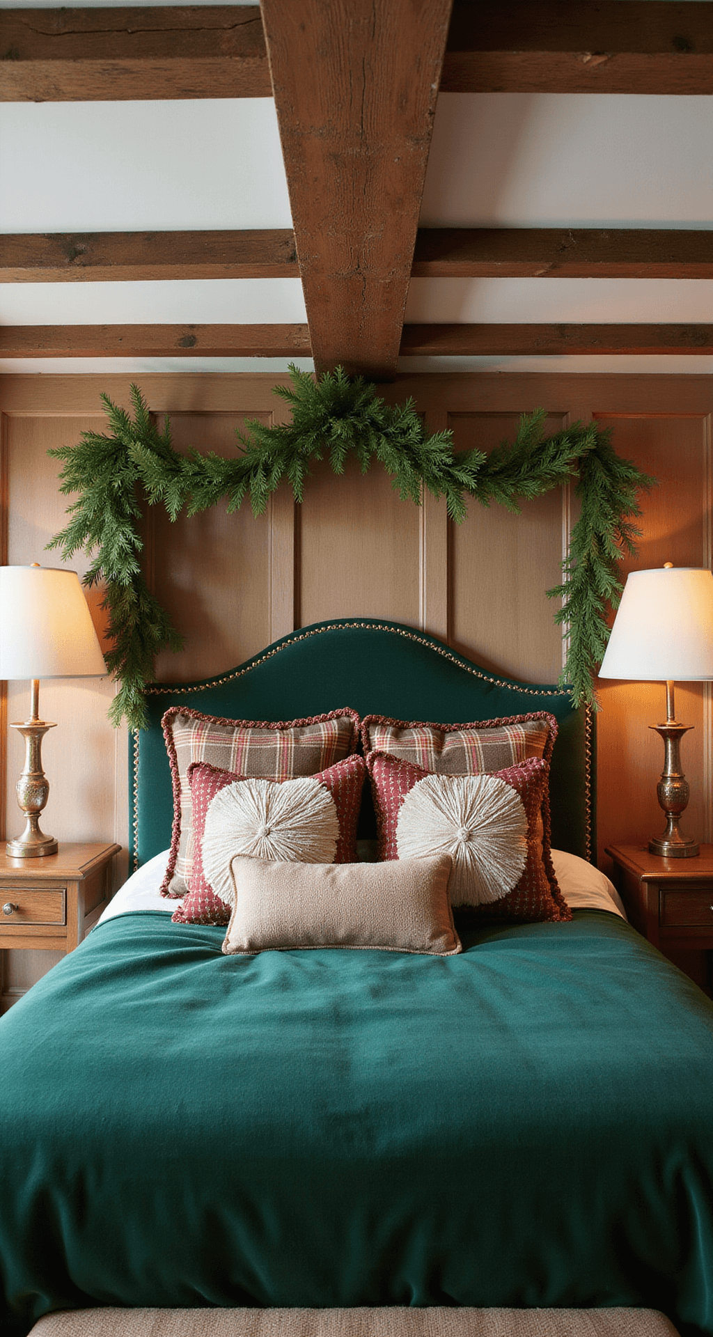 Transform Your Bedroom into a Magical Christmas Retreat: Easy Festive Decor Tips Traditional master bedroom with a 10ft tray ceiling featuring exposed beams, adorned with late afternoon light highlighting an emerald green velvet duvet, gold-threaded tartan pillows, and hand-knotted wool throws in cream and crimson, complemented by fresh cedar garland and vintage brass candlesticks for height variation, captured from a straight-on perspective to emphasize symmetrical design elements.