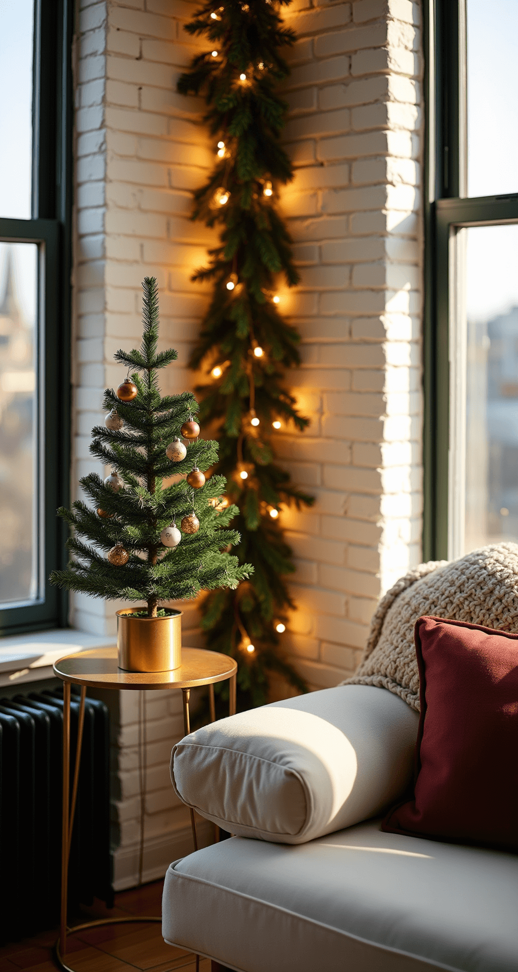 Deck the Halls, Not the Floors: Festive Christmas Decor for Small Apartments Intimate studio apartment bathed in warm golden hour light, featuring a small Christmas tree on a brass side table, white brick walls decorated with pine garlands and string lights, a cream sofa with plaid pillows, and cozy ambient lighting casting soft shadows.