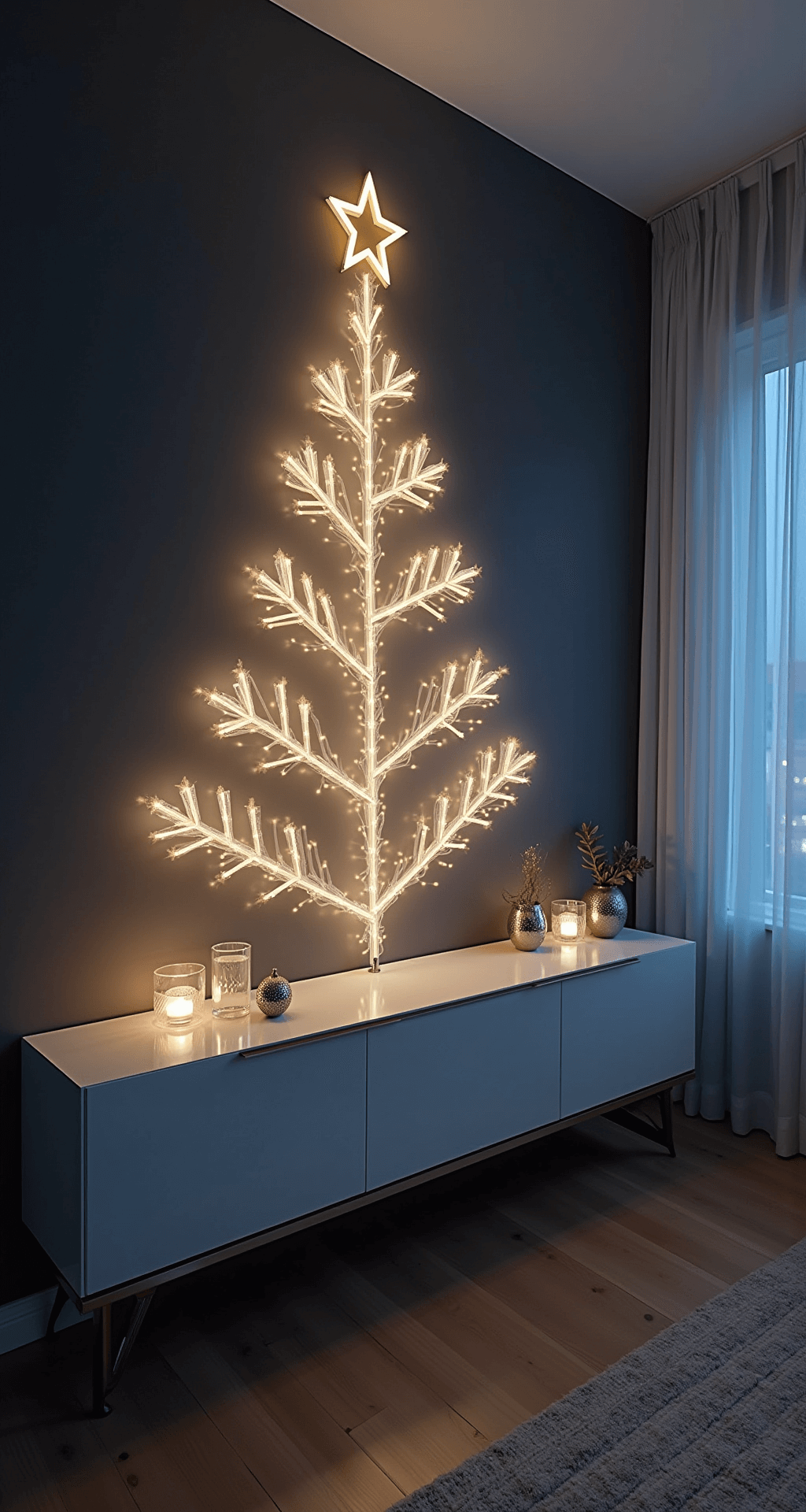 Deck the Halls, Not the Floors: Festive Christmas Decor for Small Apartments A modern minimalist living room corner features a wall-mounted Christmas tree made of string lights on a charcoal gray wall, casting an ethereal glow. Below, a contemporary white console table is adorned with mercury glass votives and silver ornaments, all captured in a high-angle shot with cool blue and warm LED lighting. Natural wood floors add warmth to the moody evening ambiance.