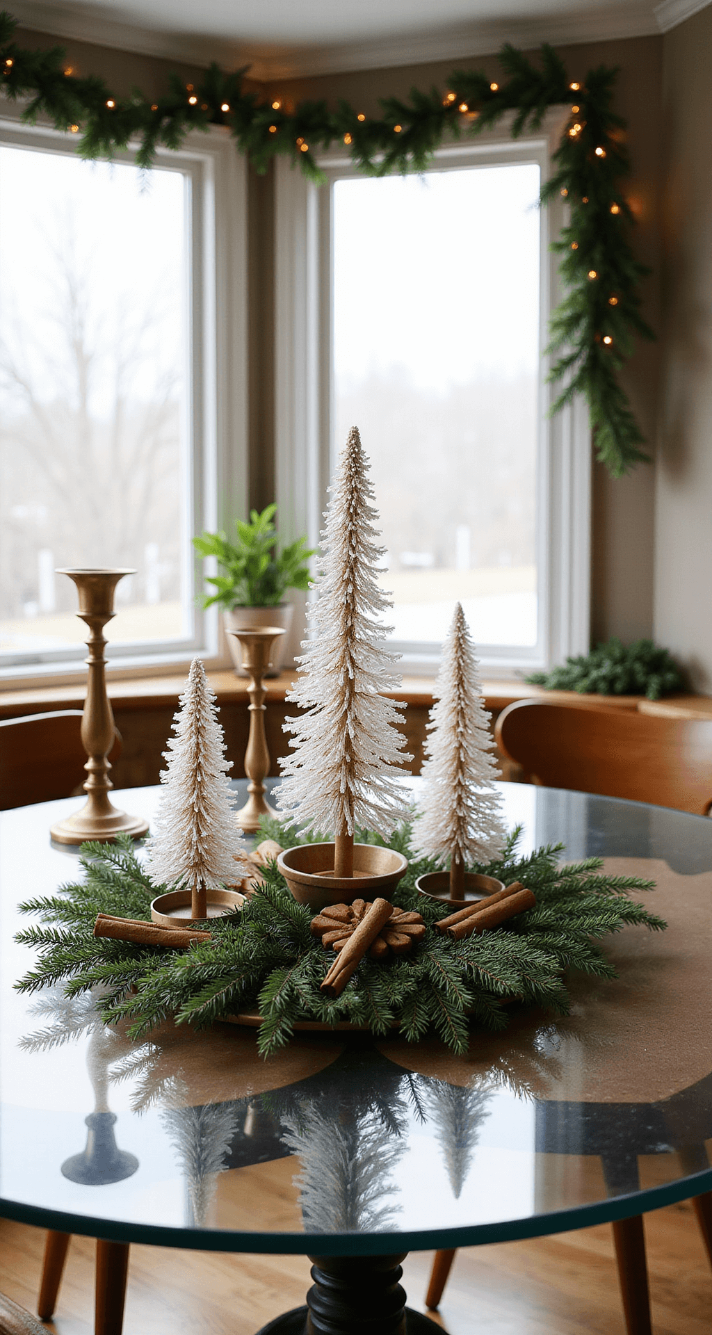 Deck the Halls, Not the Floors: Festive Christmas Decor for Small Apartments A compact dining nook illuminated by morning light, featuring floor-to-ceiling windows adorned with evergreen garland and copper fairy lights, a round glass table with a centerpiece of mercury glass trees, pine sprigs, and cinnamon sticks, with vintage brass candlesticks for height variation, captured at table height with a shallow depth of field.