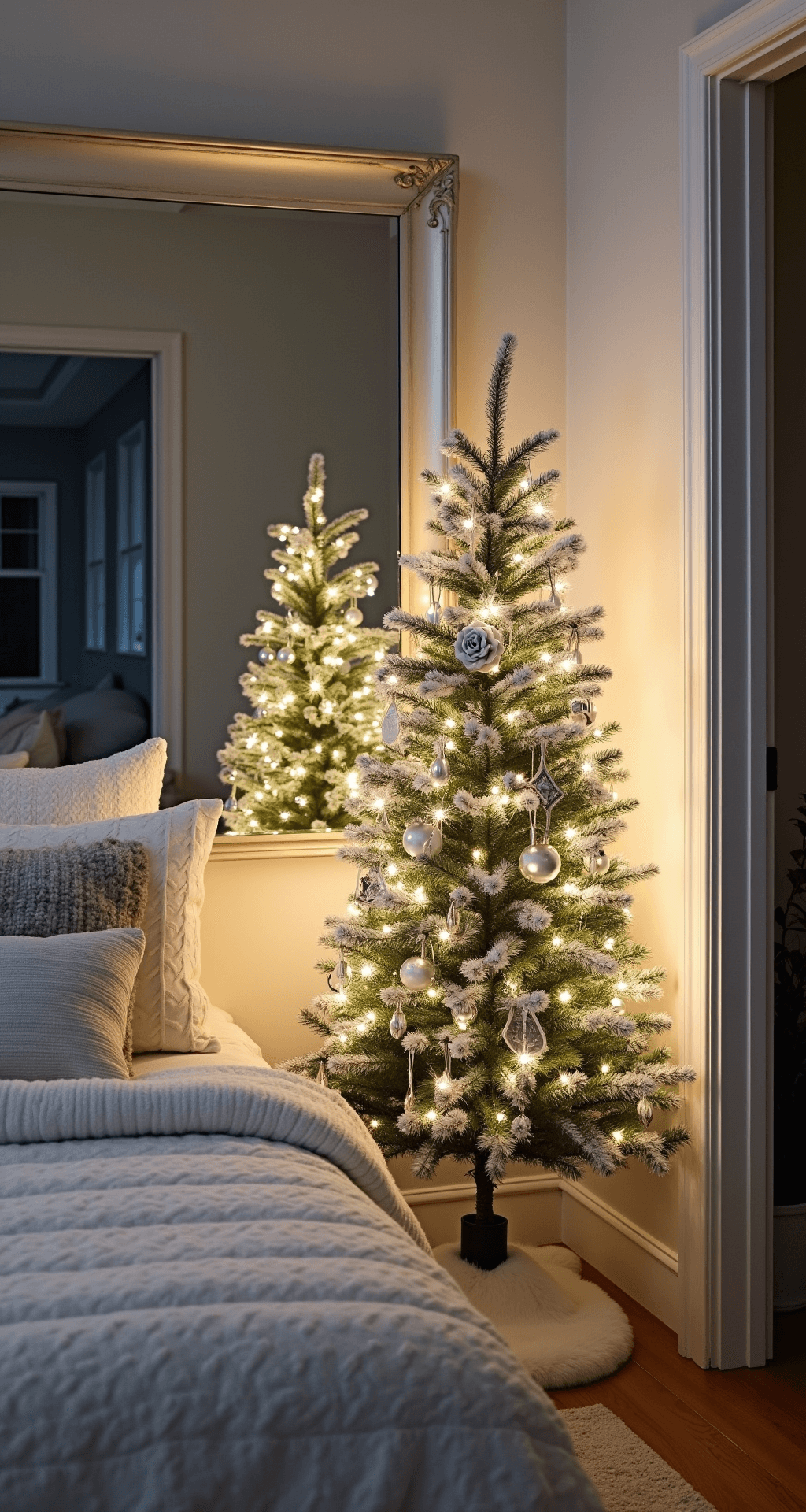 Deck the Halls, Not the Floors: Festive Christmas Decor for Small Apartments Cozy twilight bedroom corner featuring a slim 5-foot artificial pine tree decorated in monochromatic white and silver, illuminated by twinkle lights reflected in an oversized mirror. A faux fur tree skirt adds texture, while white bedding with cable knit throws and metallic accent pillows is visible. The image captures a mix of cool window light and warm artificial sources from a doorway angle.