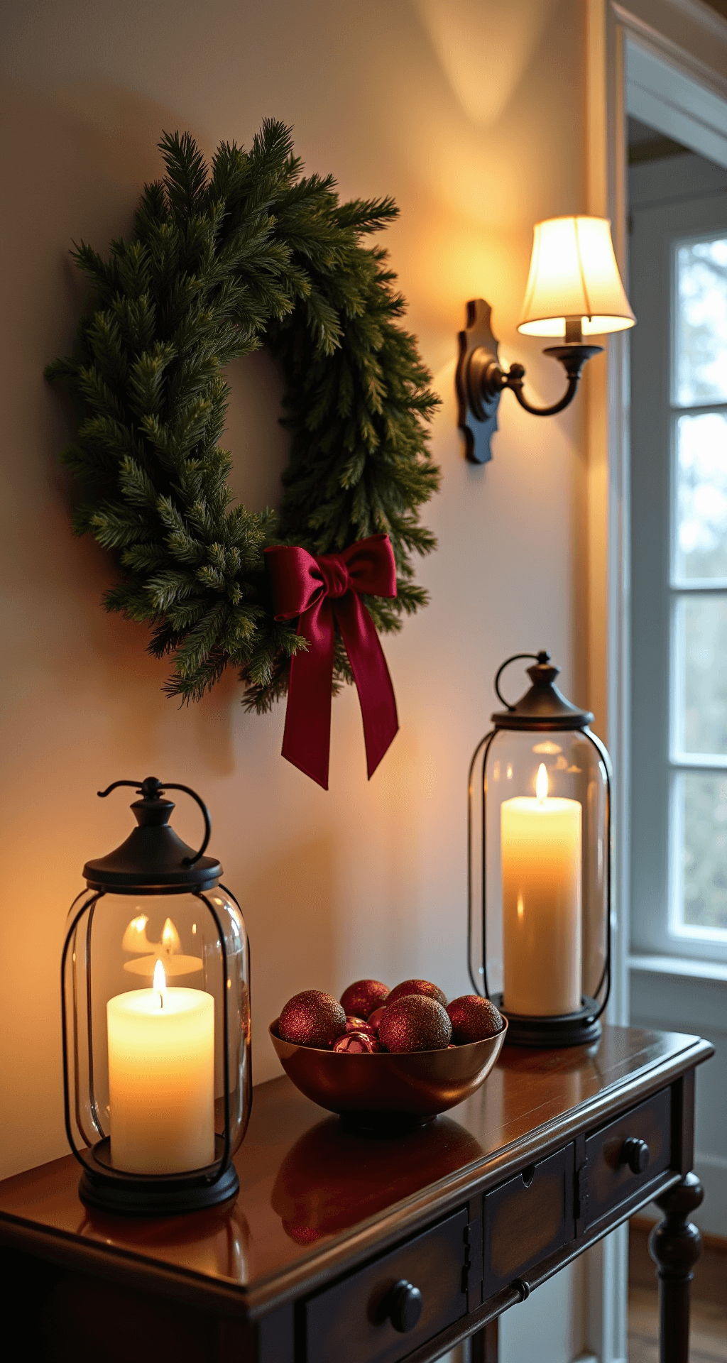 Deck the Halls, Not the Floors: Festive Christmas Decor for Small Apartments A cozy entryway vignette featuring a door decorated with a fresh pine and magnolia wreath tied with a burgundy ribbon, a console table with graduated hurricane lanterns holding flameless candles, and a copper bowl filled with colorful ornaments, all captured from above to show reflections on the mirrored table surface and warm, dramatic lighting.