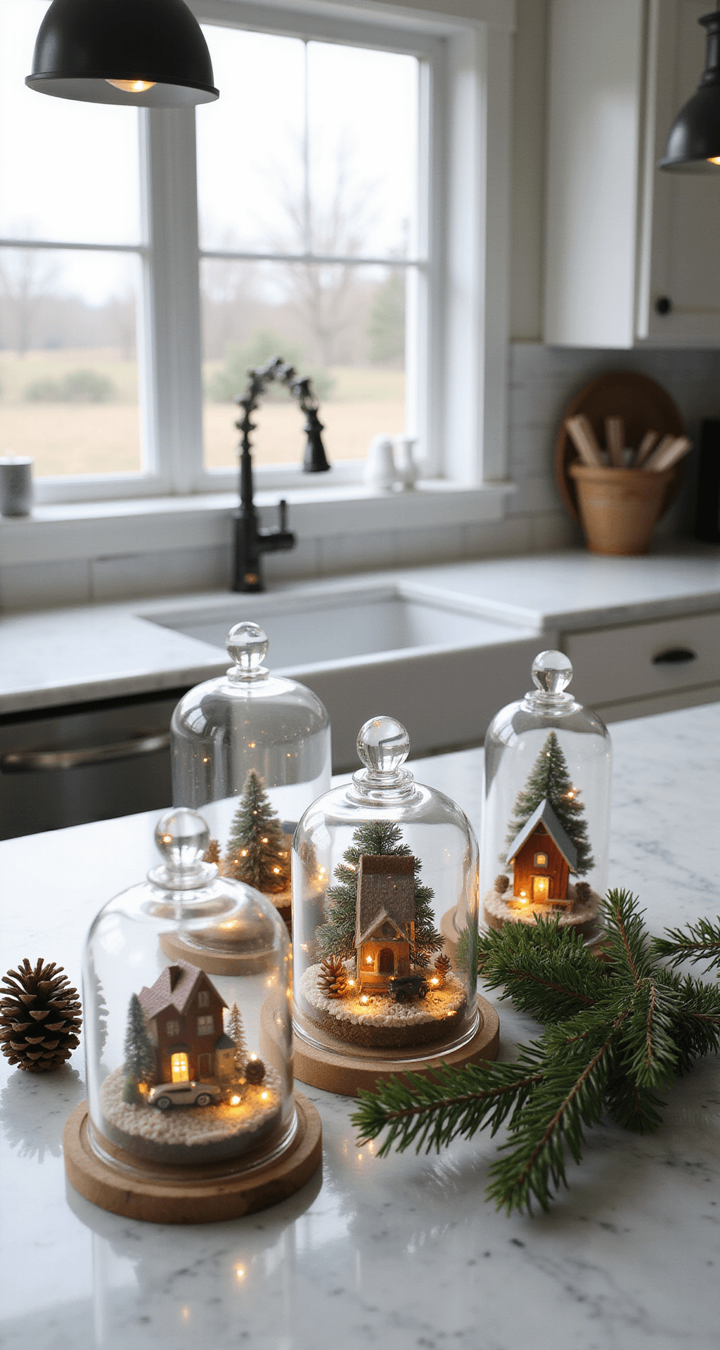Deck the Halls, Not the Floors: Festive Christmas Decor for Small Apartments A white marble kitchen counter styled in morning light, showcasing an array of glass cloches at varying heights, each containing miniature Christmas scenes illuminated by fairy lights. Fresh greenery and pinecones are artistically scattered around, with a shallow depth of field highlighting the cloches and their contents from a 45-degree elevated angle.