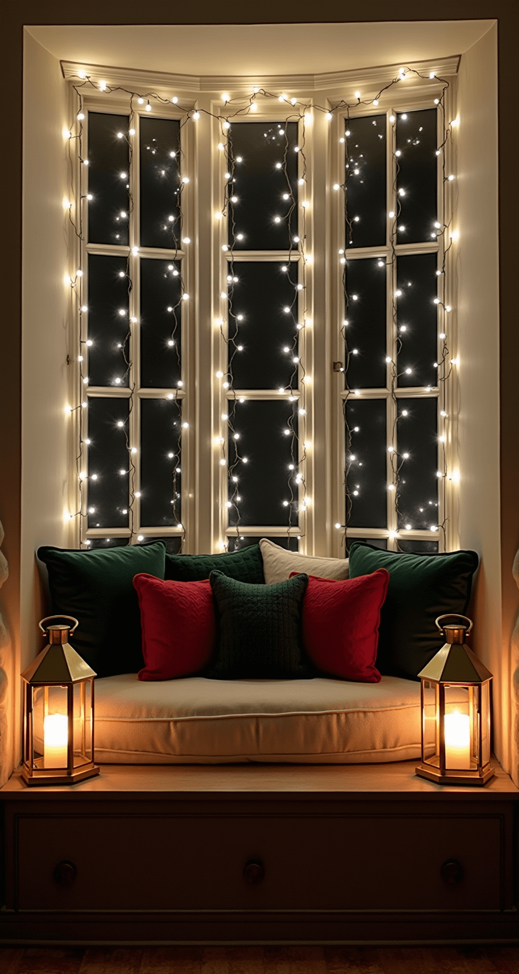 Deck the Halls, Not the Floors: Festive Christmas Decor for Small Apartments A cozy bay window nook at night featuring a cream linen cushion adorned with holiday pillows in forest green and deep red textures, surrounded by cascading icicle lights and flanked by brass lanterns with flickering candles, creating a warm, moody atmosphere.