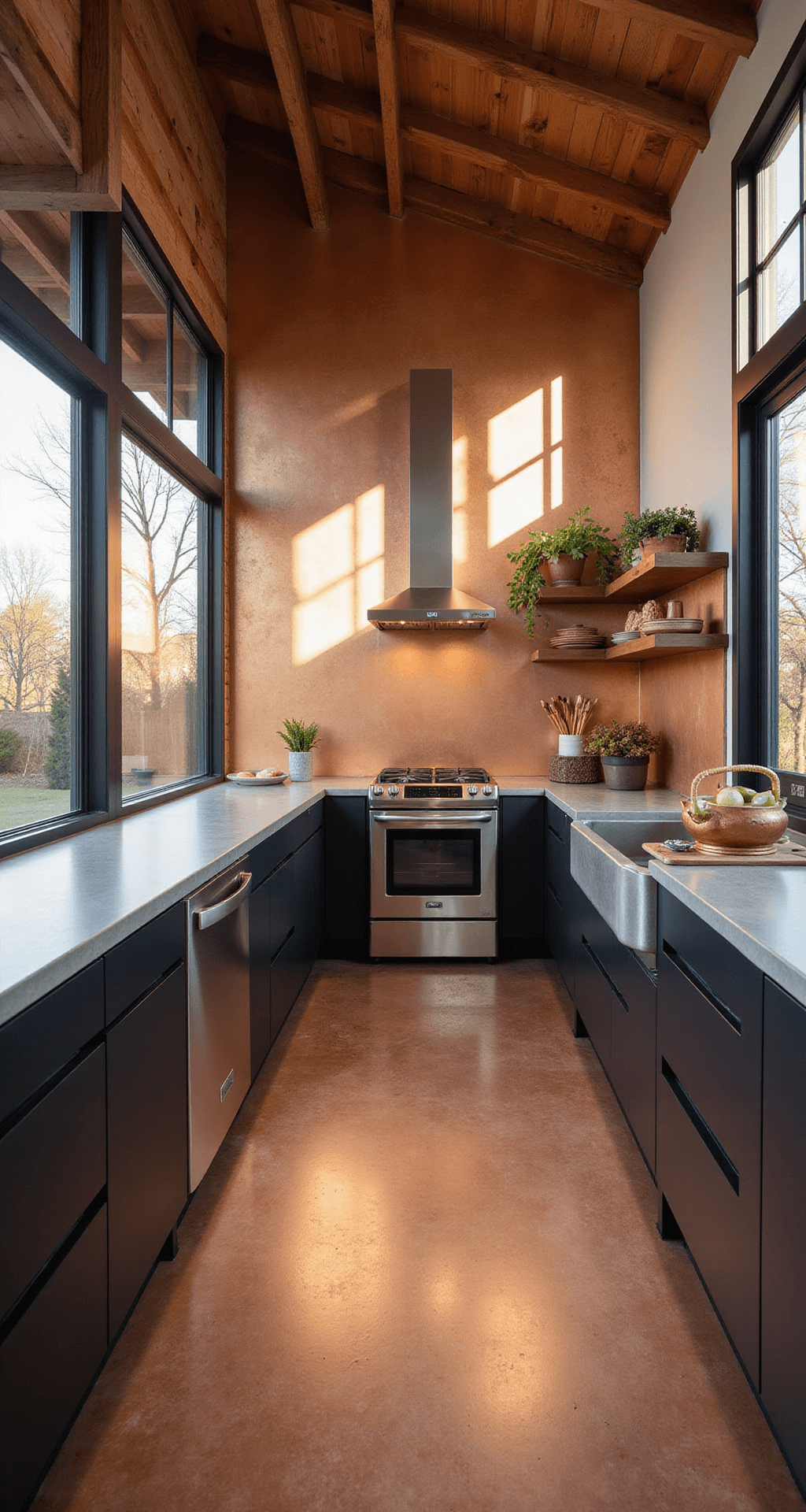 Modern industrial kitchen with brushed copper backsplash, vaulted ceilings, wooden beams, and matte black cabinets. Sunlight reflects on metallic surfaces, showcasing concrete countertops and copper cookware. Shot from a low angle, highlighting vertical space and copper patina details.