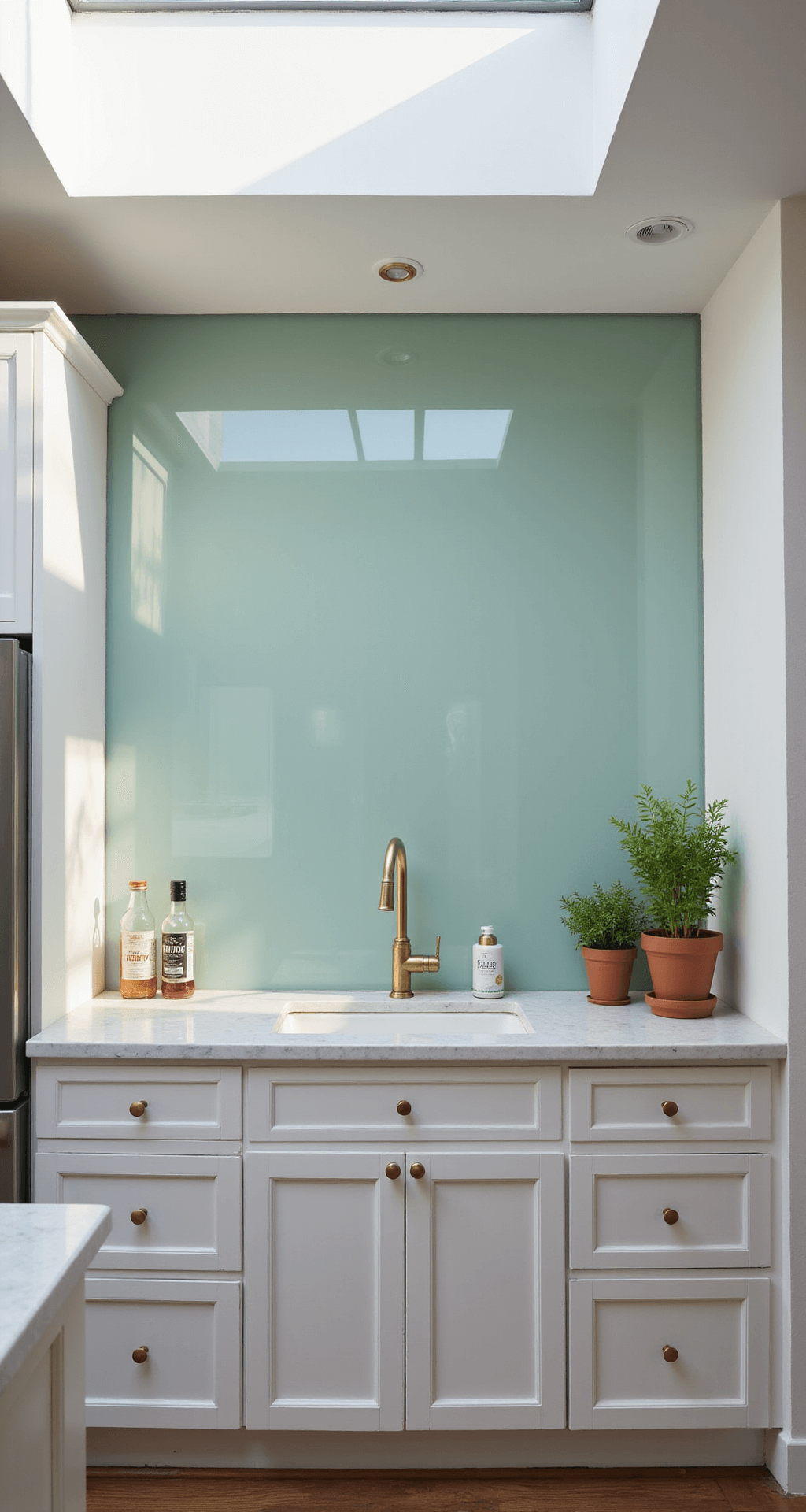 Intimate kitchen scene with a sea green glass backsplash, white shaker cabinets, and marble countertops, illuminated by diffused natural light from a skylight, featuring brass fixtures and terracotta pots with fresh herbs.