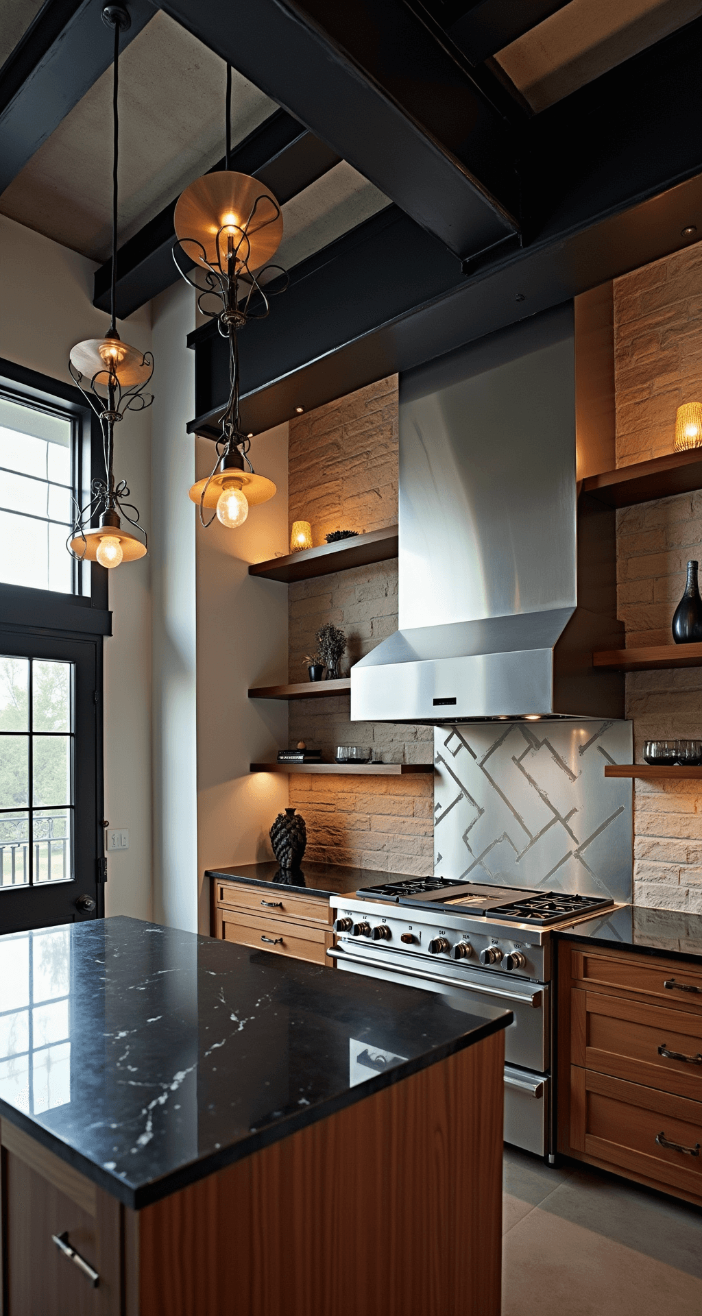 Industrial-luxe kitchen with a mixed material backsplash of brushed stainless steel and textured stone tiles, featuring double-height ceilings with black metal trusses, dramatic evening lighting, black marble countertops, and walnut cabinets, captured from an elevated position.