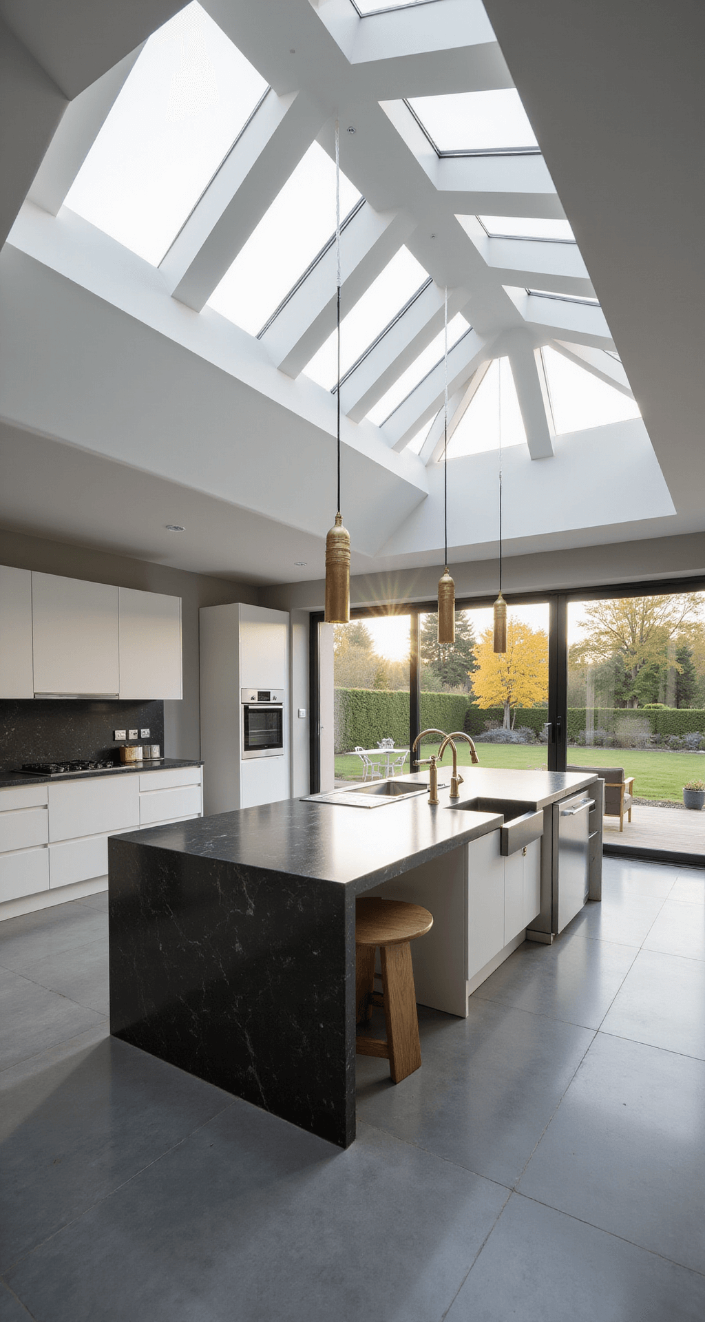 A bright, open-concept kitchen with white quartz countertops, a matte black granite island, and brass pendant lights, featuring large skylights and floor-to-ceiling windows connecting to a garden terrace.
