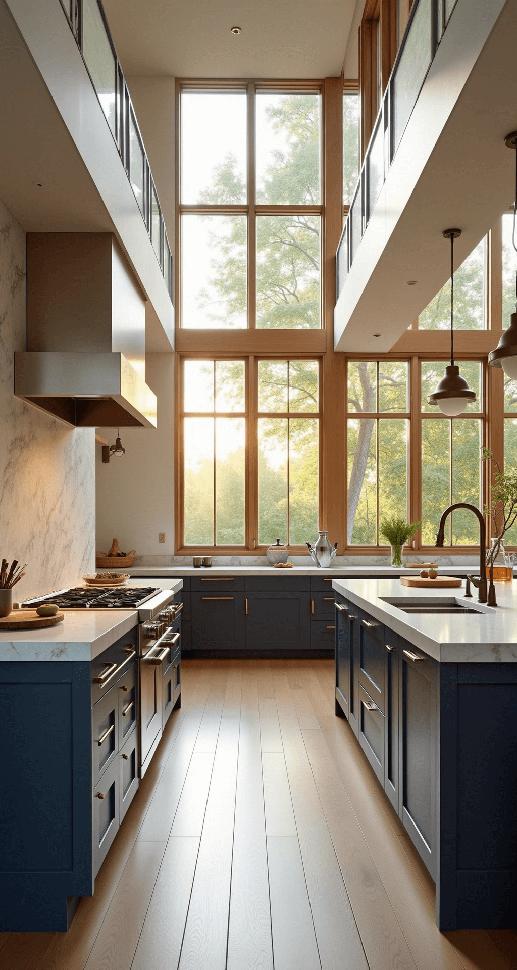 Wide-angle view of a light-filled 15x25ft kitchen with floor-to-ceiling glass panels, white shaker upper cabinets, deep navy lower units, and a live-edge wooden breakfast bar, showcasing 10ft ceilings and natural materials like oak flooring and a marble backsplash at golden hour.