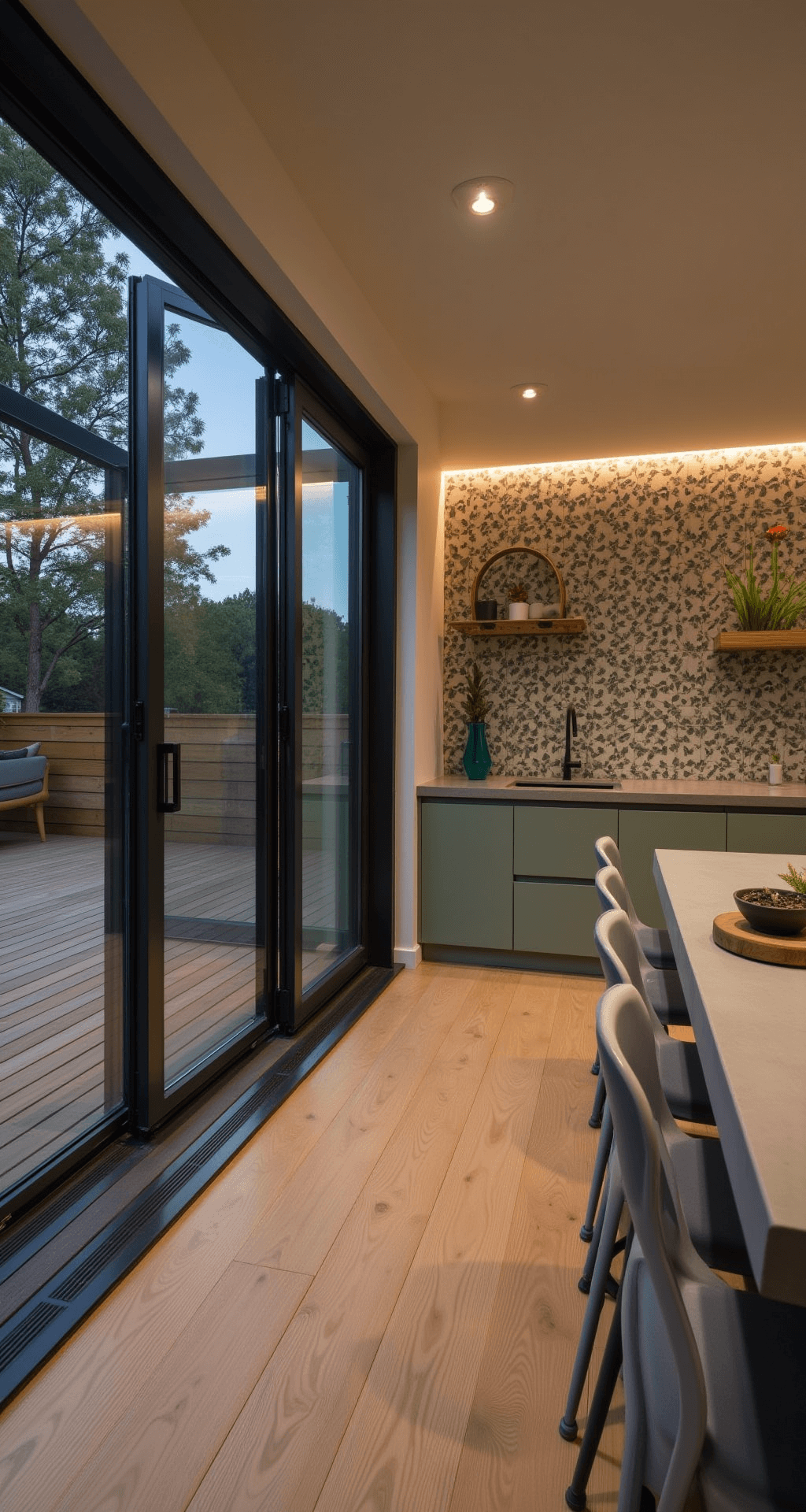 Dusk shot of a spacious indoor-outdoor kitchen-dining area featuring bifold glass doors that open to a decked patio, contemporary sage green handleless cabinets, concrete countertops, ambient LED strip lighting, and a textured botanical wallpaper feature wall, accented with mixed metals in gold and pewter.